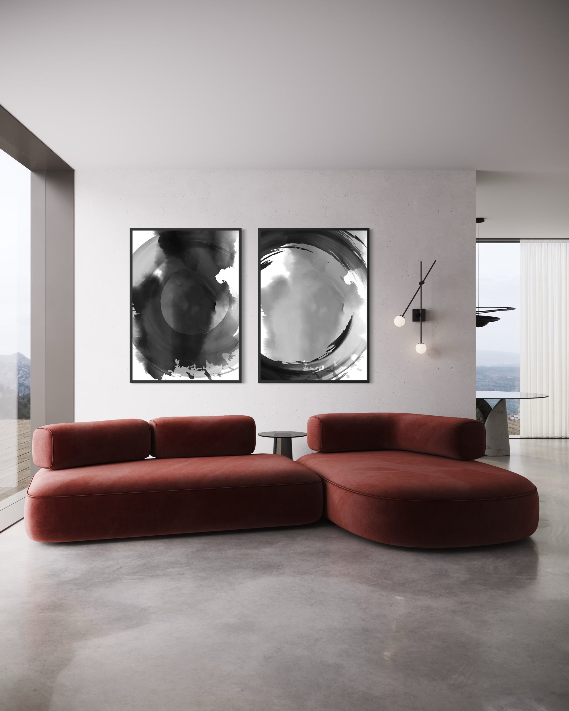 Calore circolare doppio: 2 stampe astratte grigio/bianco, cornice scura
