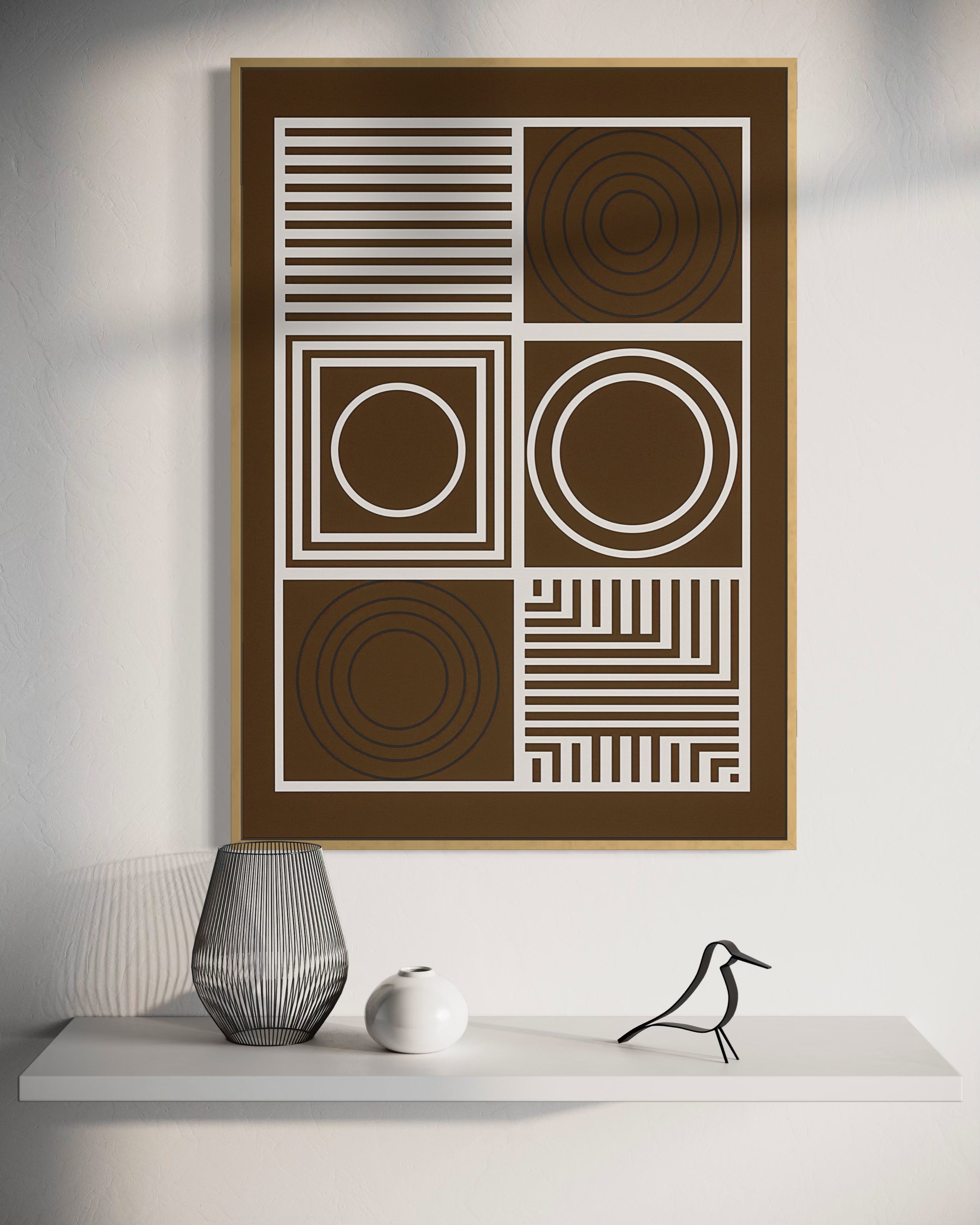Quadro decorativo con cornice oro e disegno geometrico a cerchi concentrici