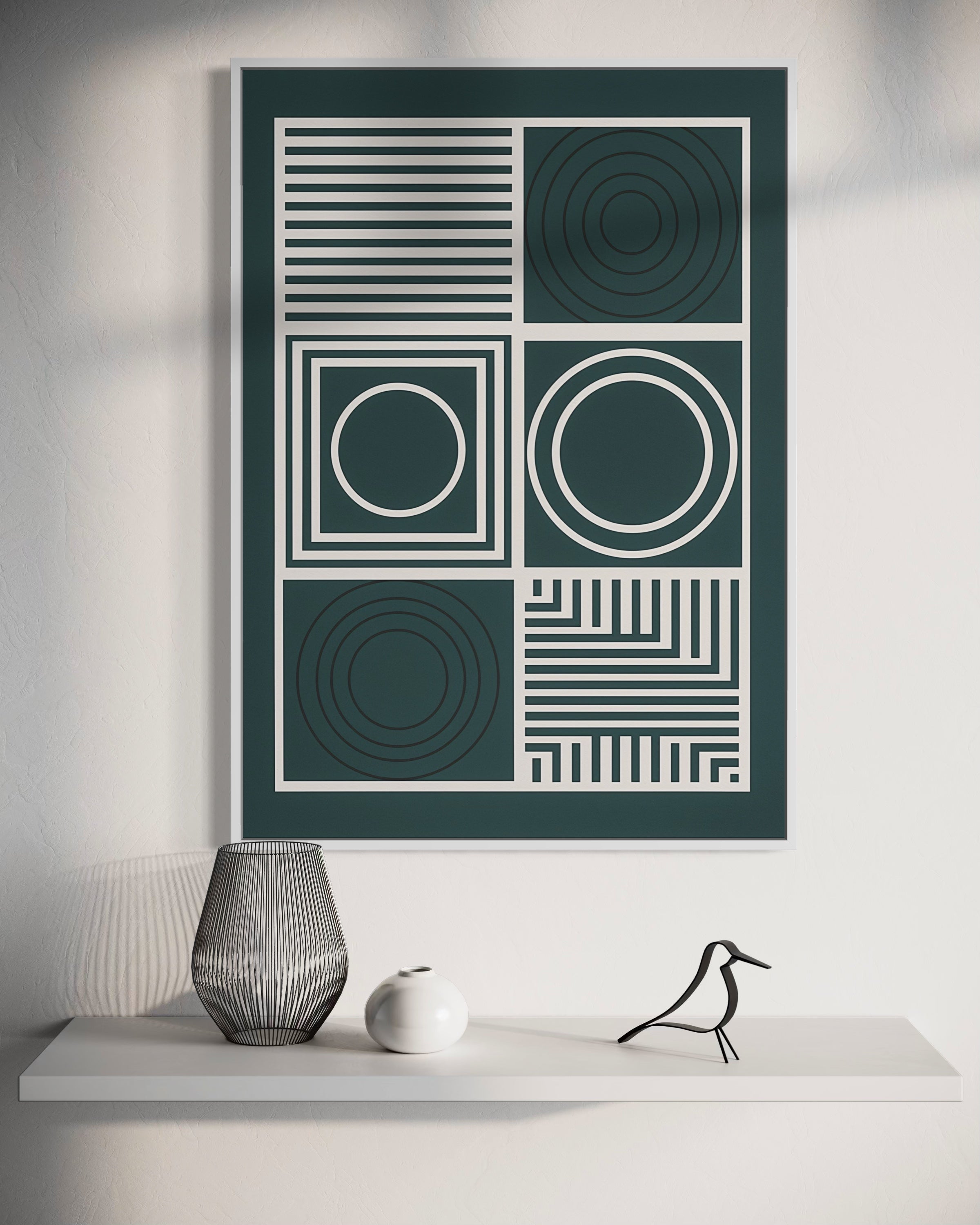 Quadro decorativo con cornice turchese e motivo a cerchi e linee