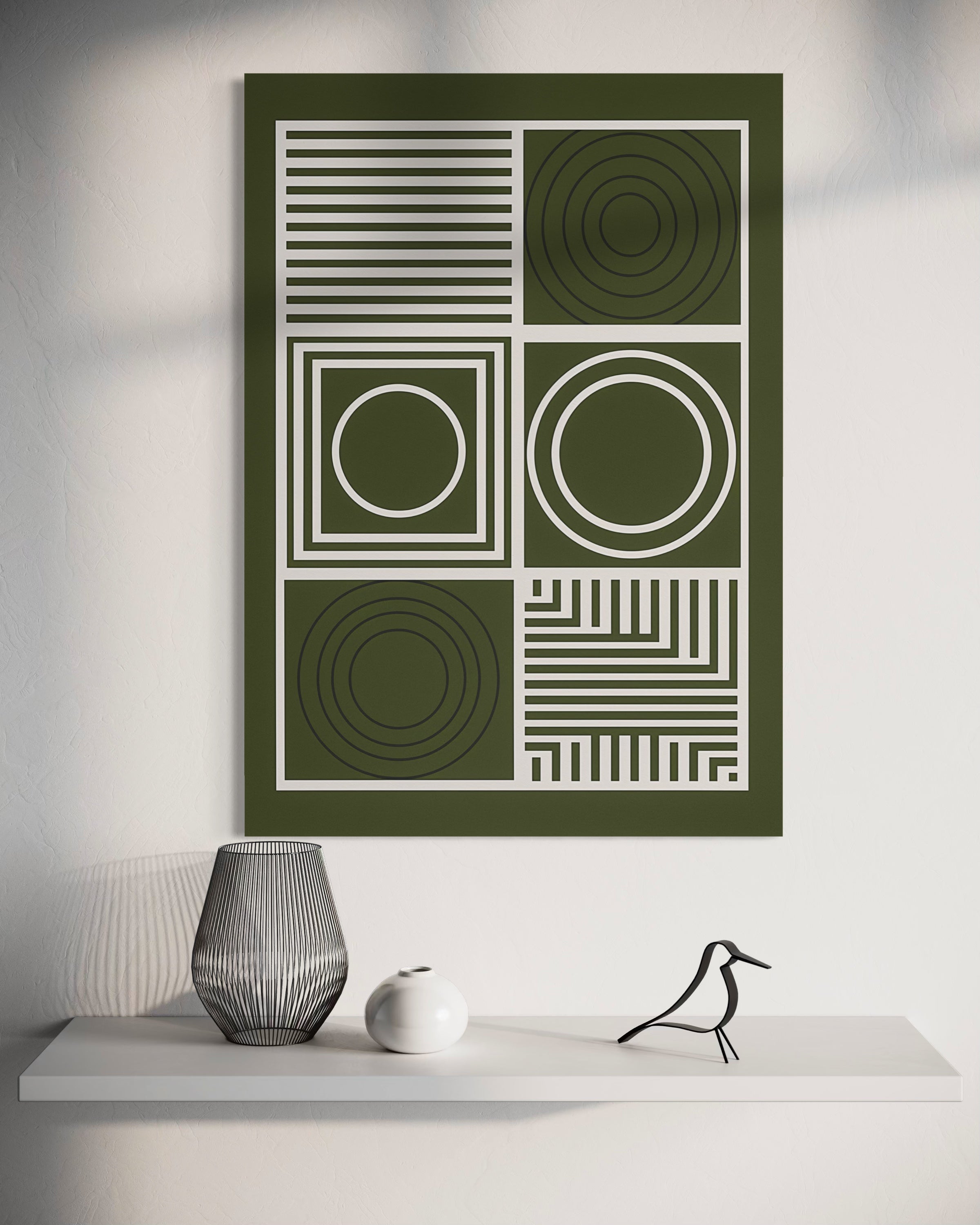 Quadro decorativo con cornice verde e pannelli geometrici con cerchi concentrici