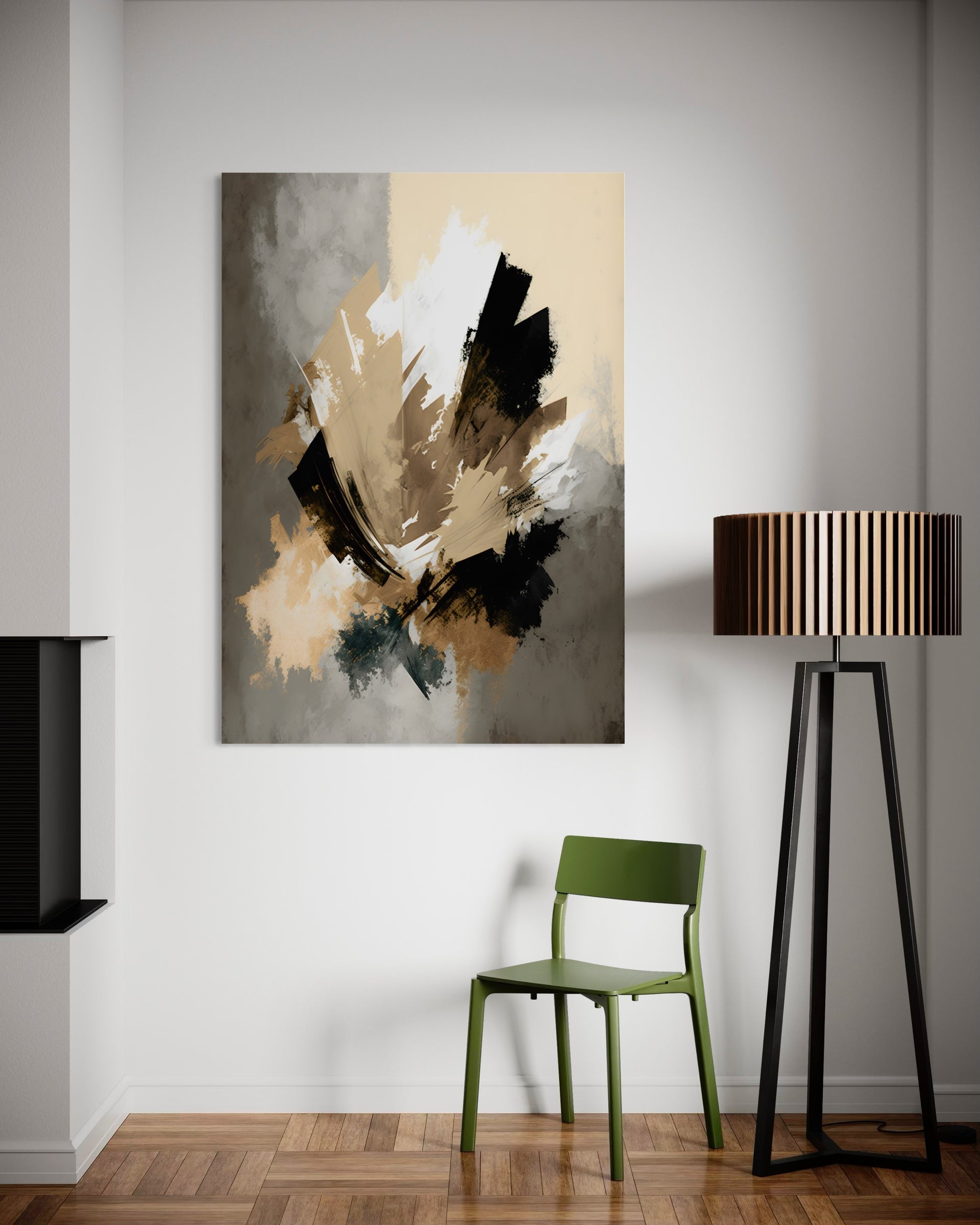 Bordo d'ambra, stampa astratta con pennellate crema, oro e nero in cornice scura
