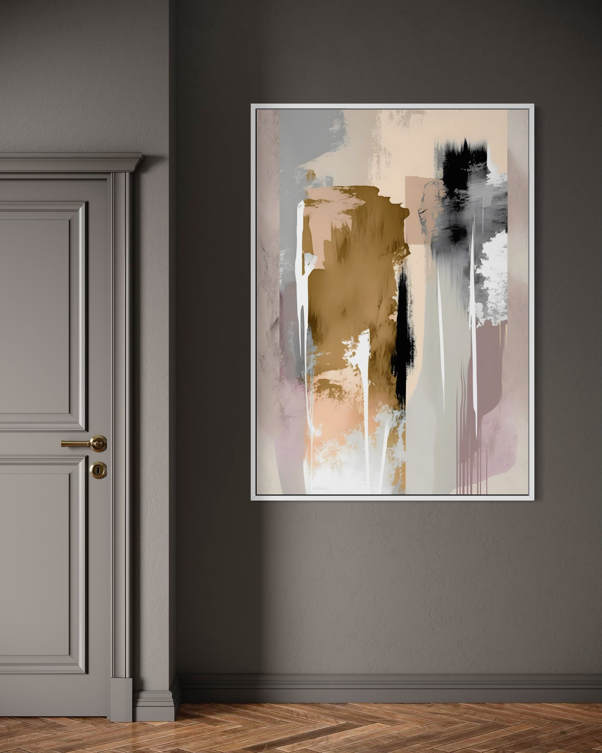 Frantumi ambrati con telaio bianco, arte astratta in oro, beige e nero