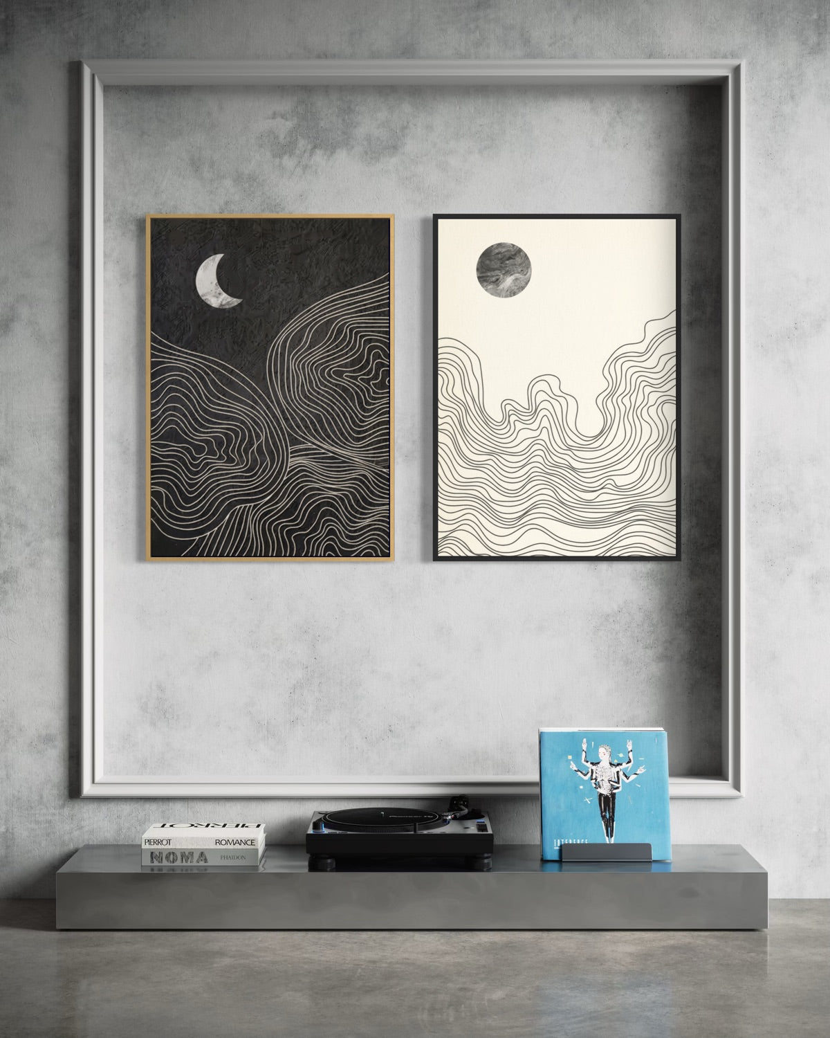 Cornice con due stampe quadrate: luna e linee topografiche, nero e bianco
