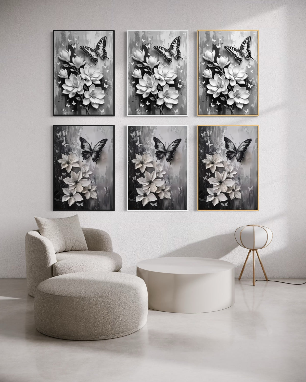 Set di 6 stampe rettangolari con farfalle e fiori in bianco e nero