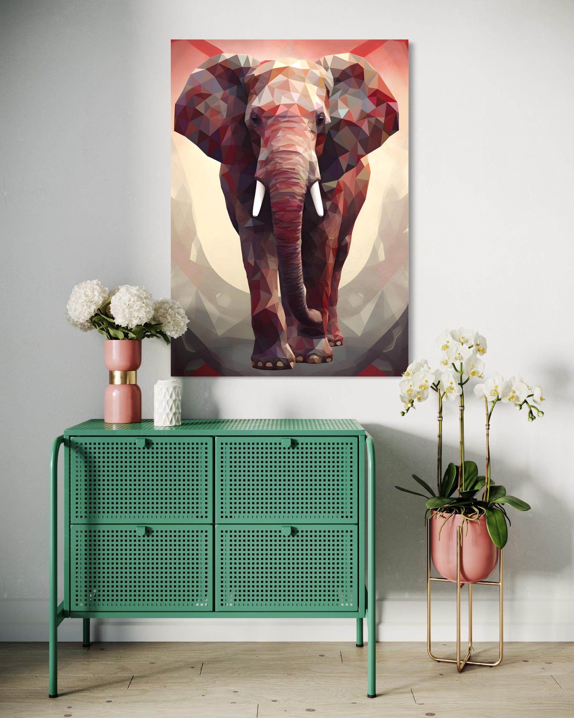 Forza Primordiale, elefante geometrico in tonalità rosa e viola su sfondo chiaro
