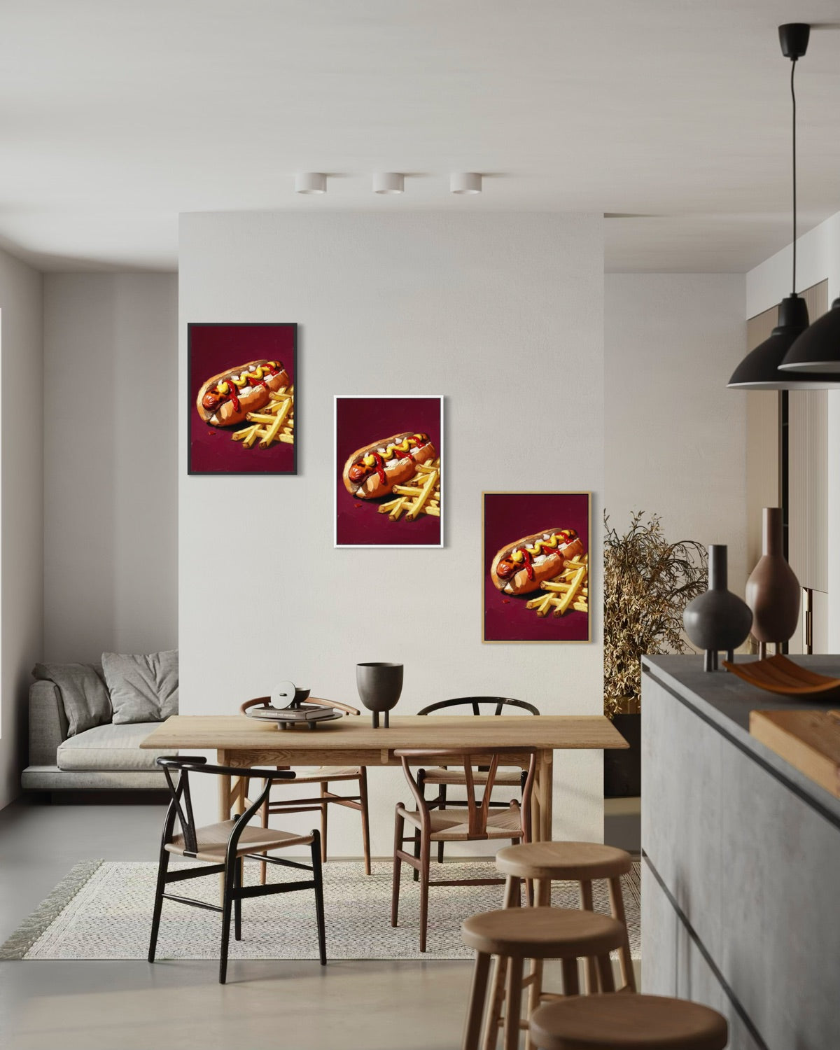 Set di 3 stampe incorniciate verticali di hot dog con patatine