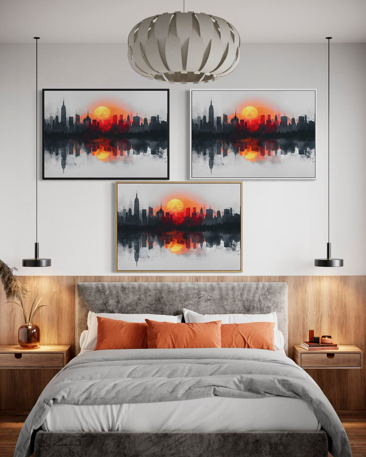 Set di 3 stampe murali Crepuscolo Urbano con skyline al tramonto e riflesso in cornici