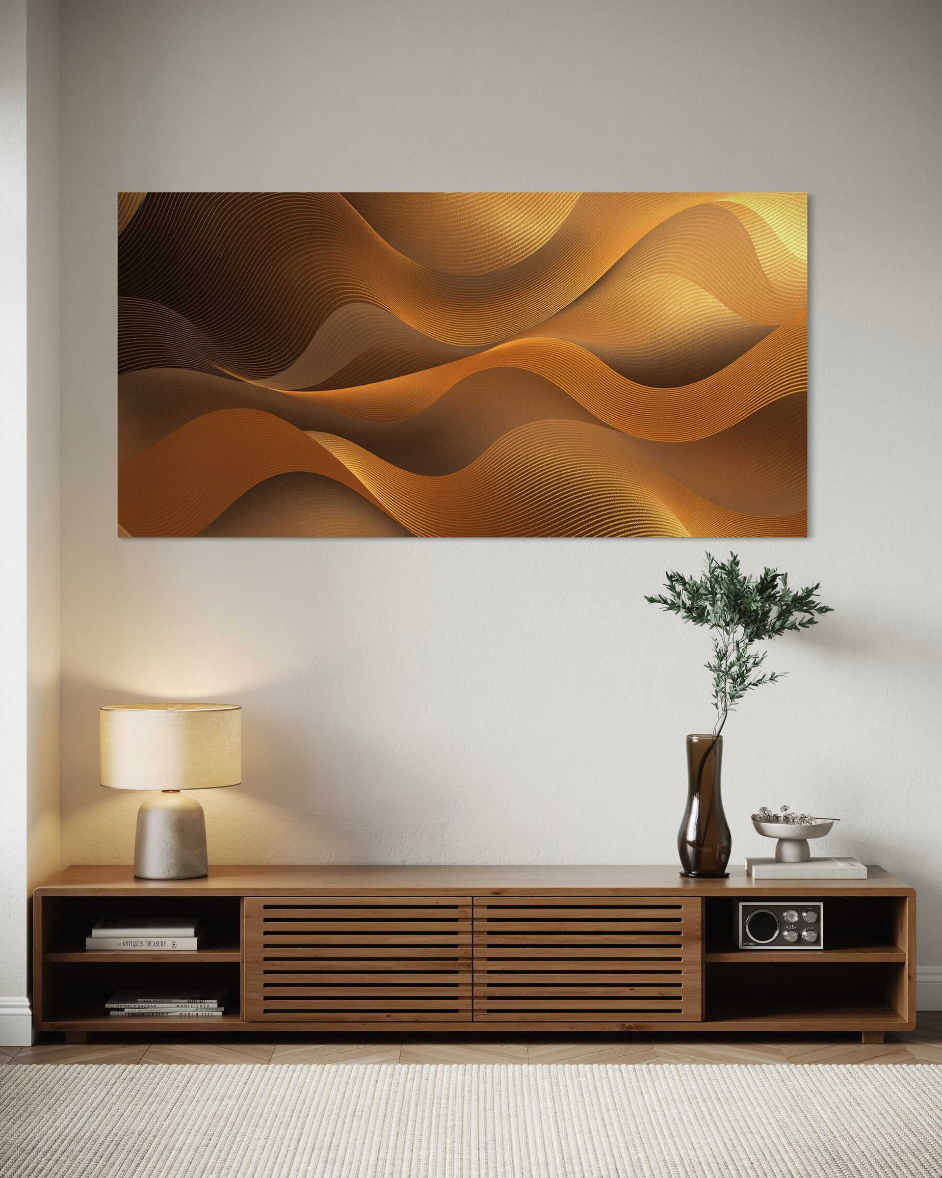 Quadro bronzo velluto con onde astratte e texture a rilievo