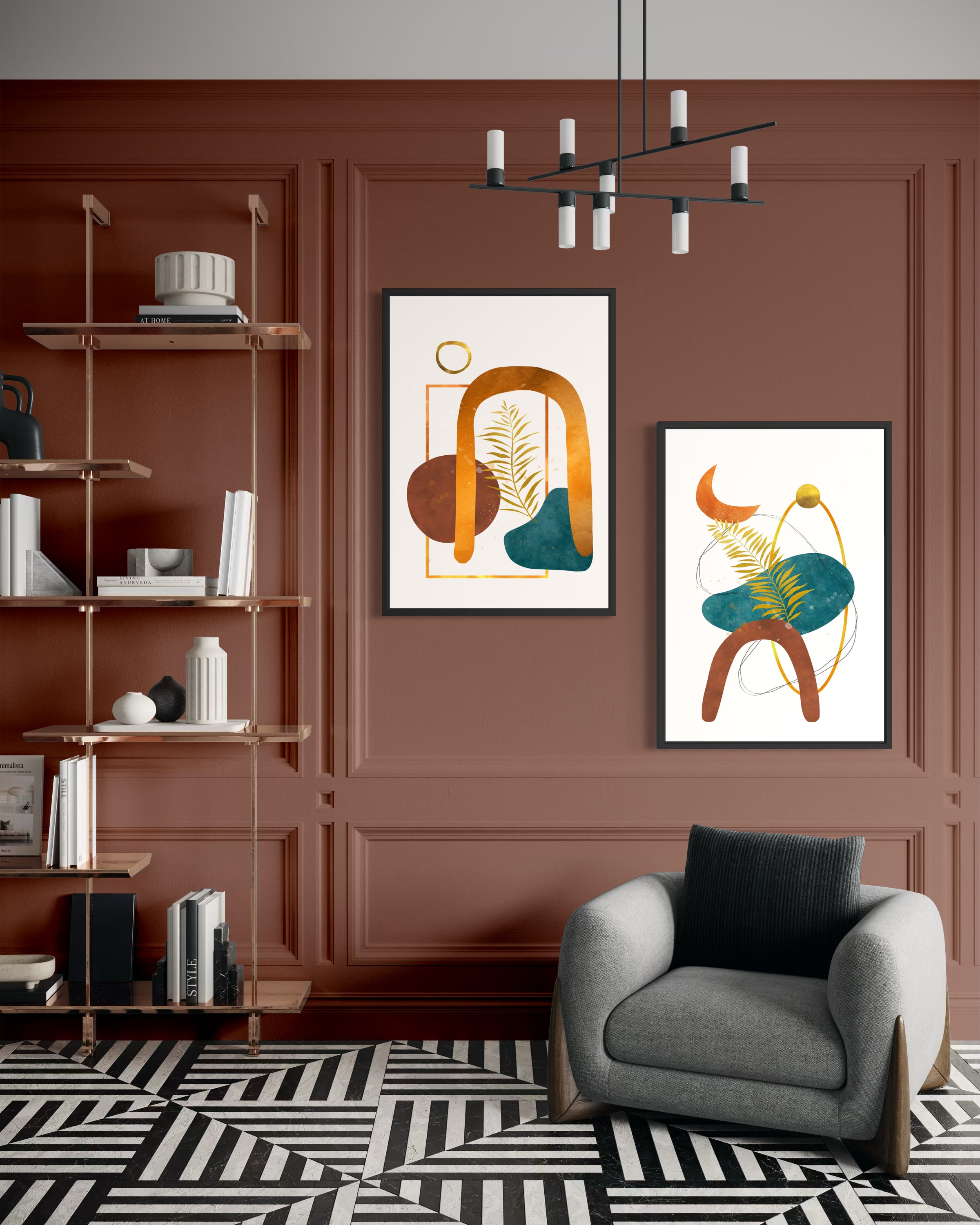 Set di 2 stampe astratte con cornici nere e forme colorate