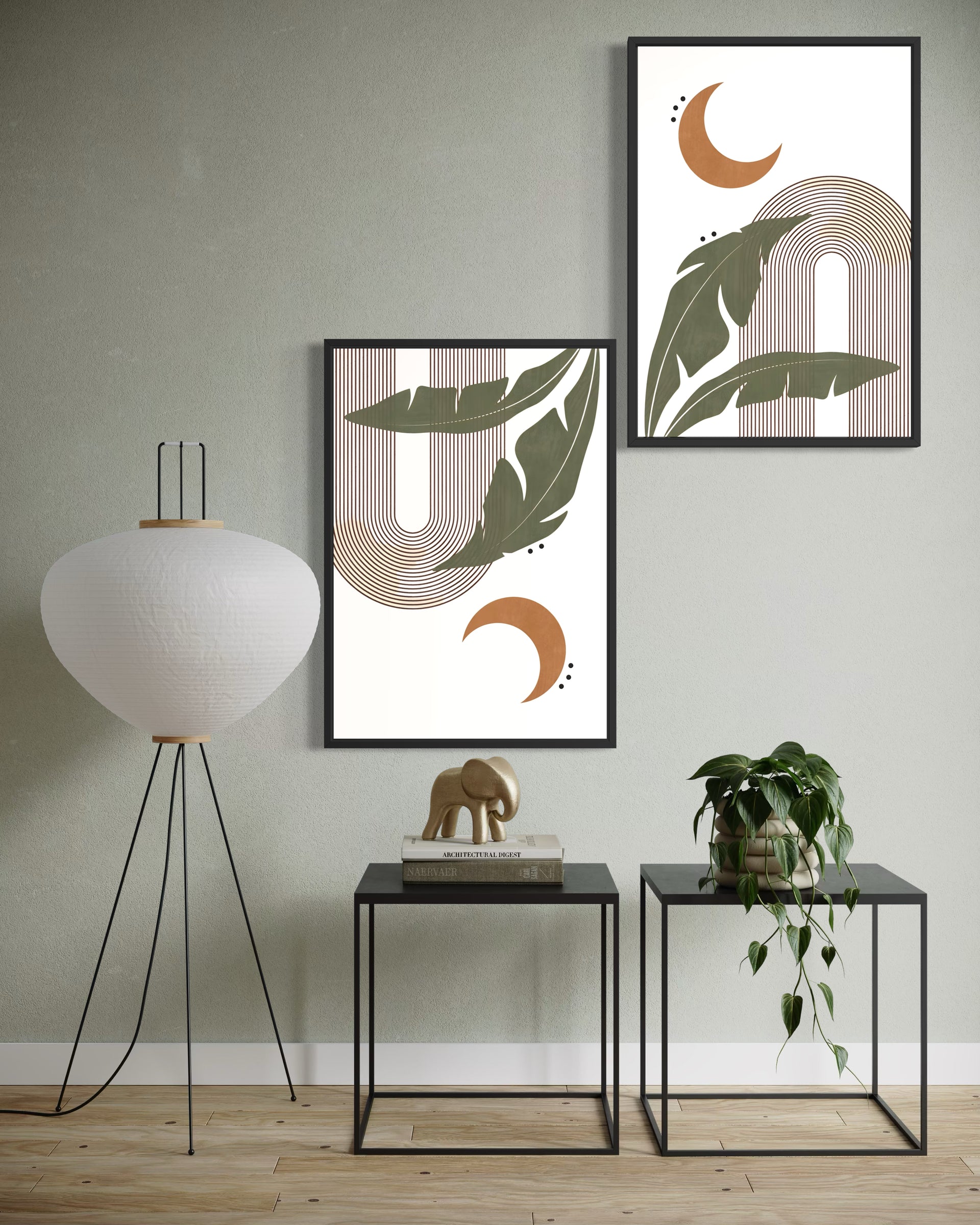 Set di 2 stampe con cornici nere e disegni a linee su sfondo bianco