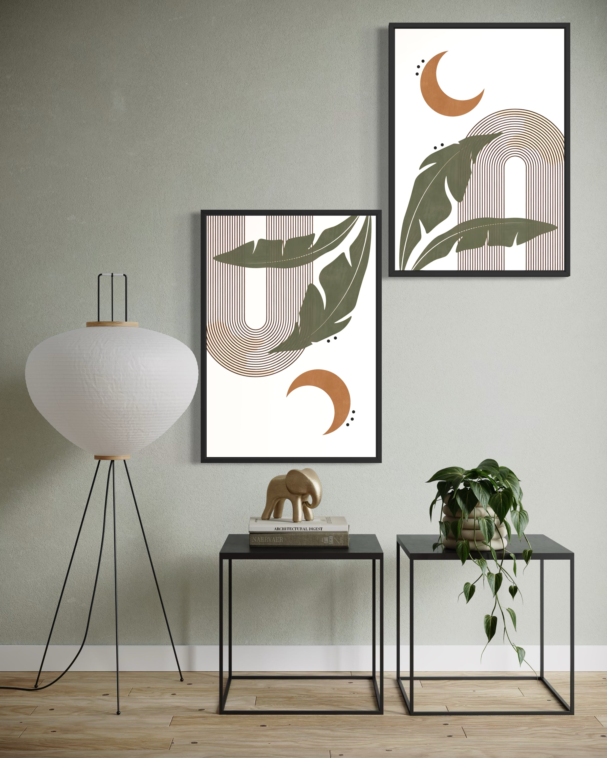 Set di stampe moderne incorniciate con cornici nere, design linee e luna