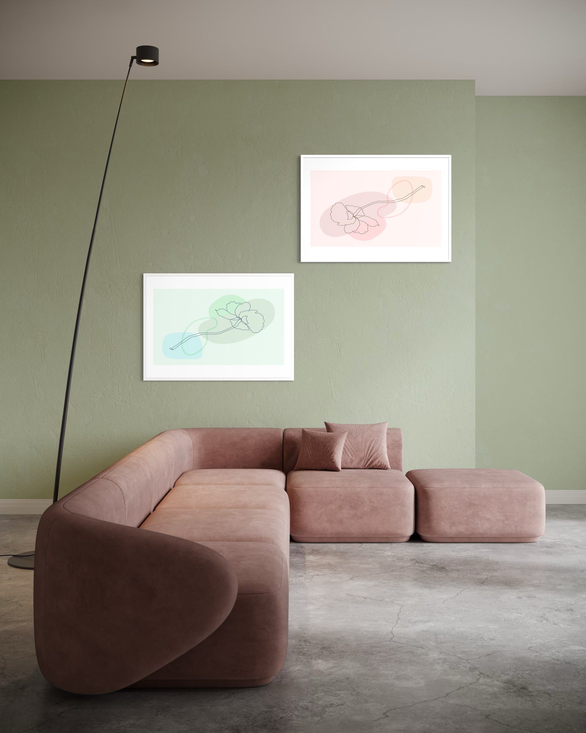 Set di 2 stampe con cornici bianche e fiori astratti su sfondo chiaro