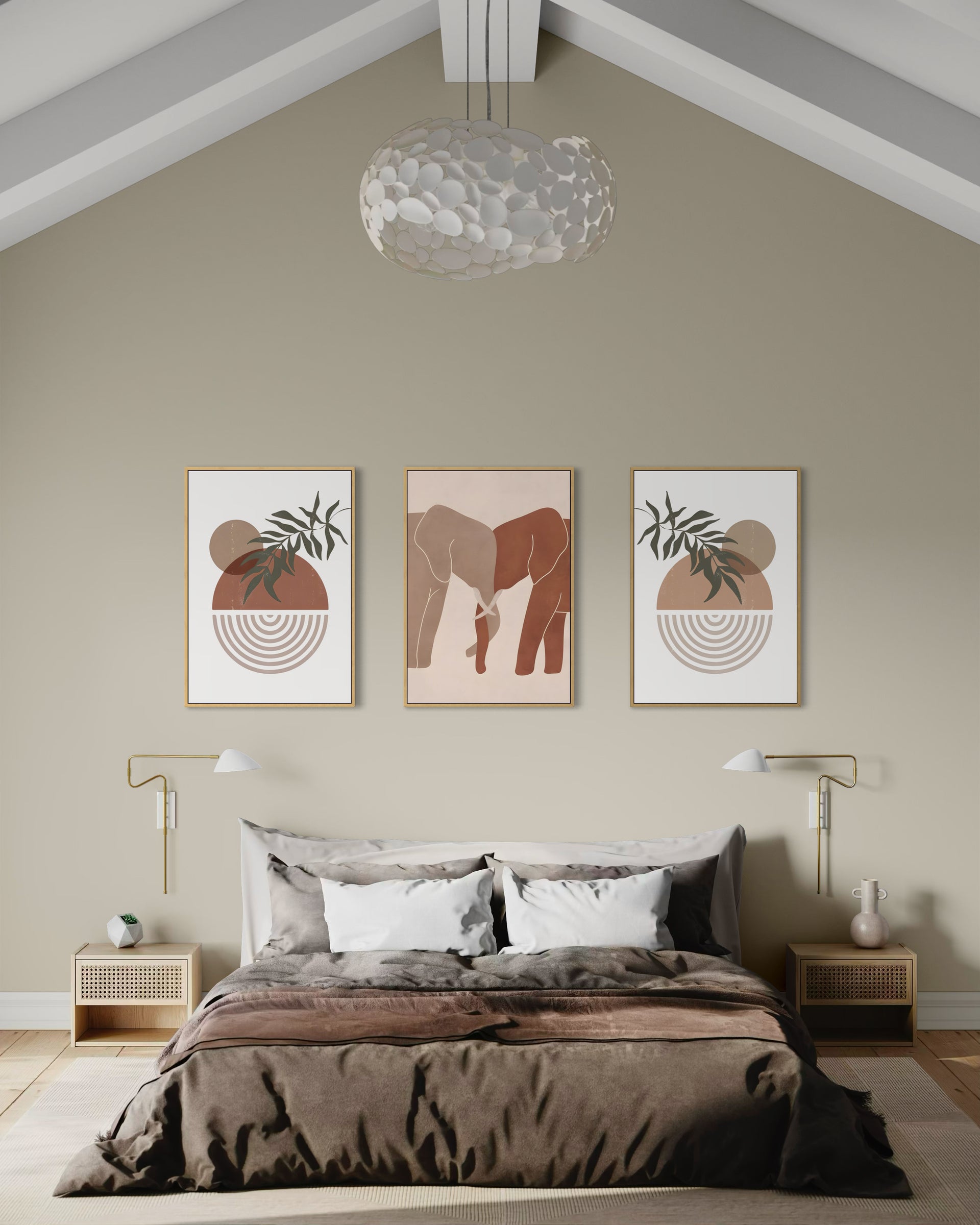 Tris di stampe con elefante e forme geometriche, cornice oro