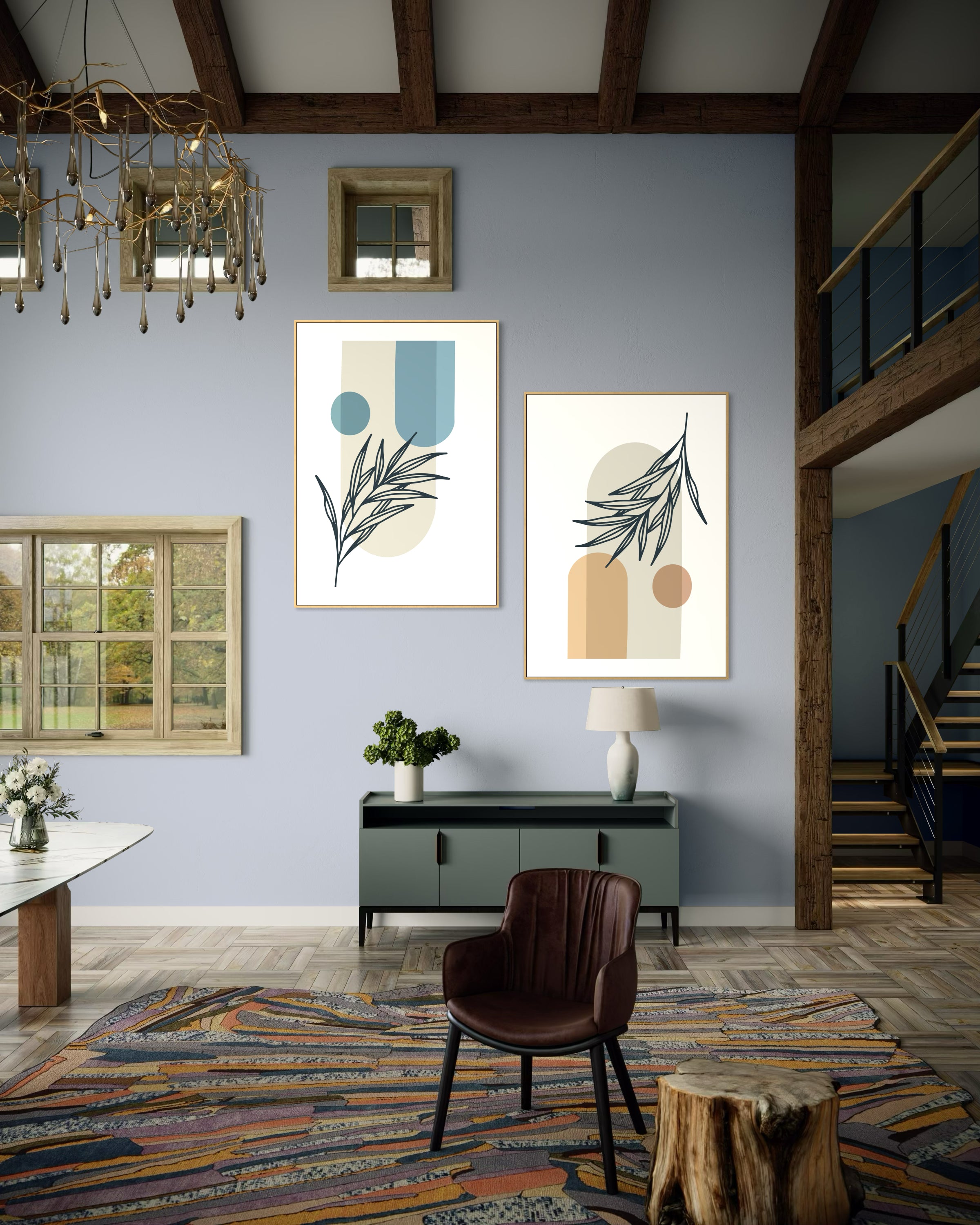 Set boho: coppia di stampe incorniciate con foglie stilizzate e forme astratte.