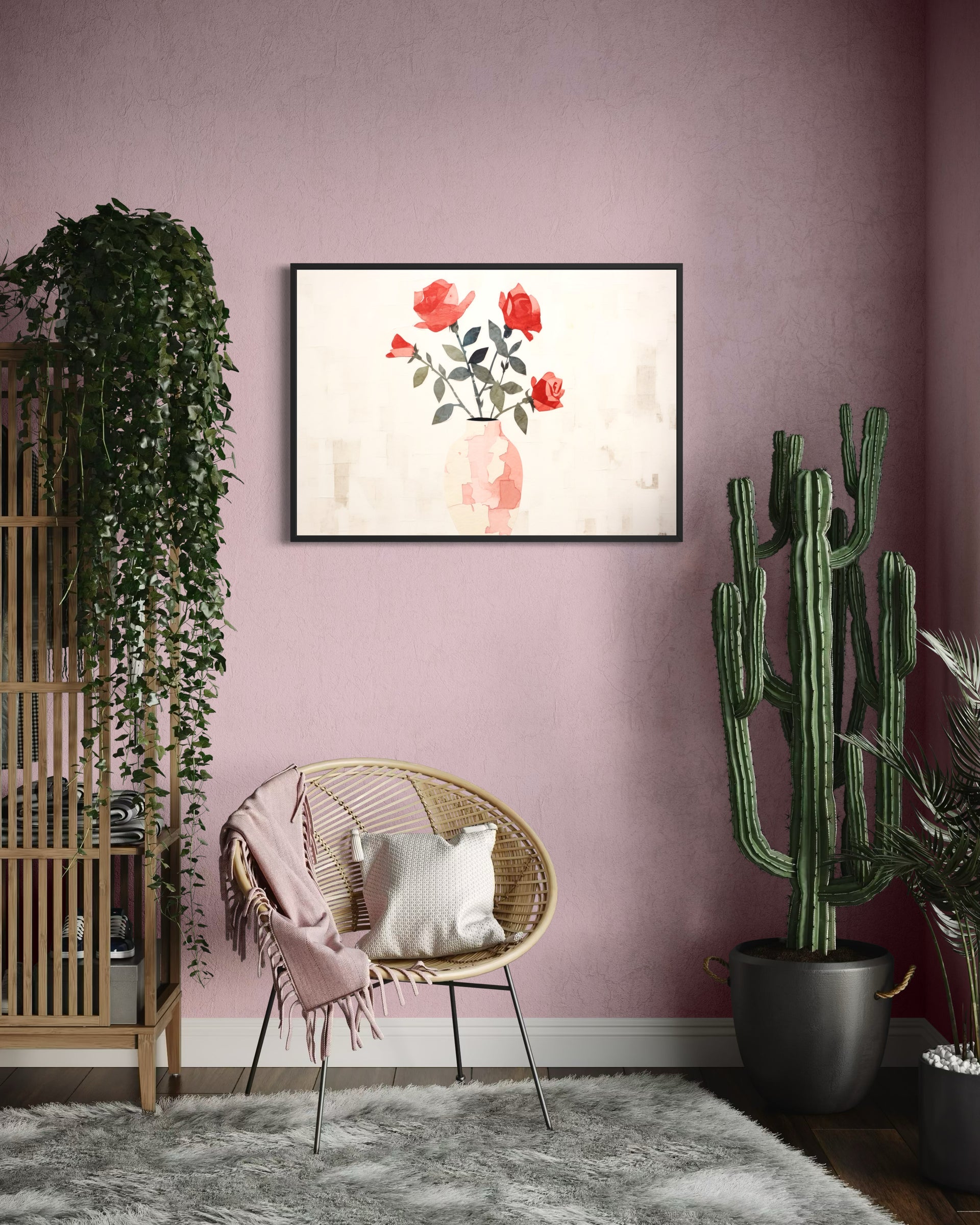 Eleganza con cornice nera e bouquet di rose rosse in vaso rosa