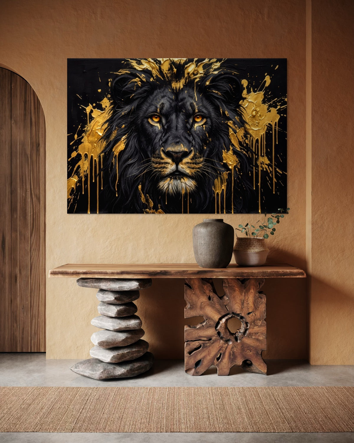 Stampa incorniciata con leone scuro e dettagli oro, cornice nera, formato orizzontale