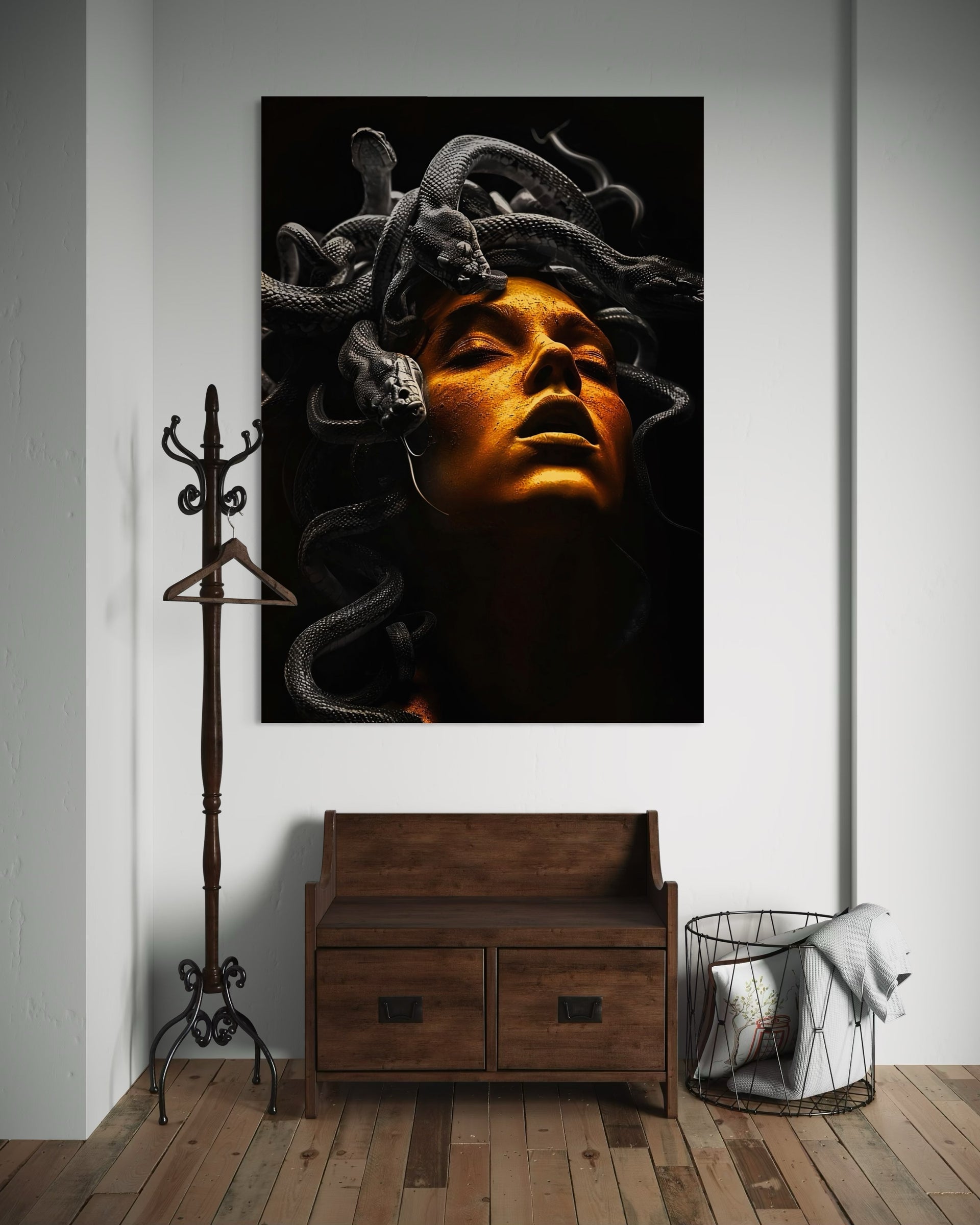Medusa snake wall art with snake hair, dark background and golden face
