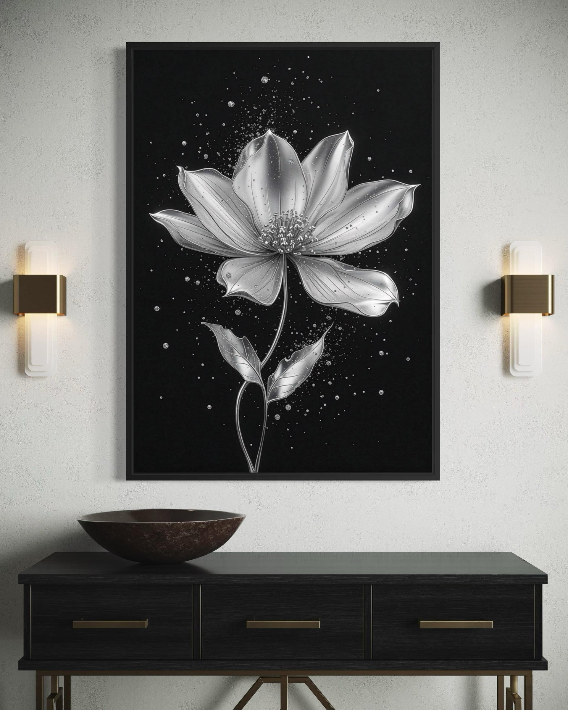 Quadro Magnolia Argento Lunare con fiore bianco e cornice nera