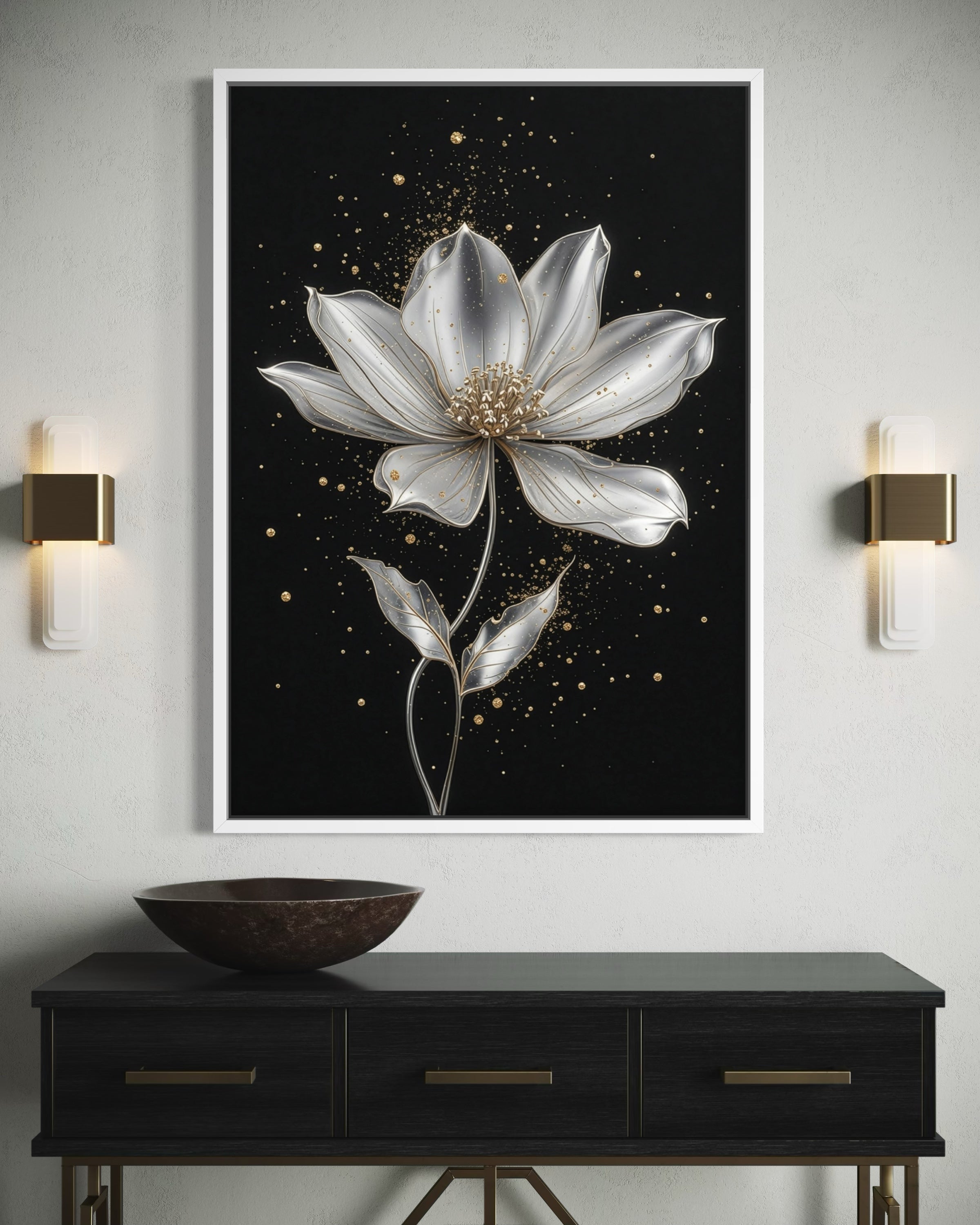 Quadro Magnolia Argento Lunare con fiore bianco e cornice argento chiaro