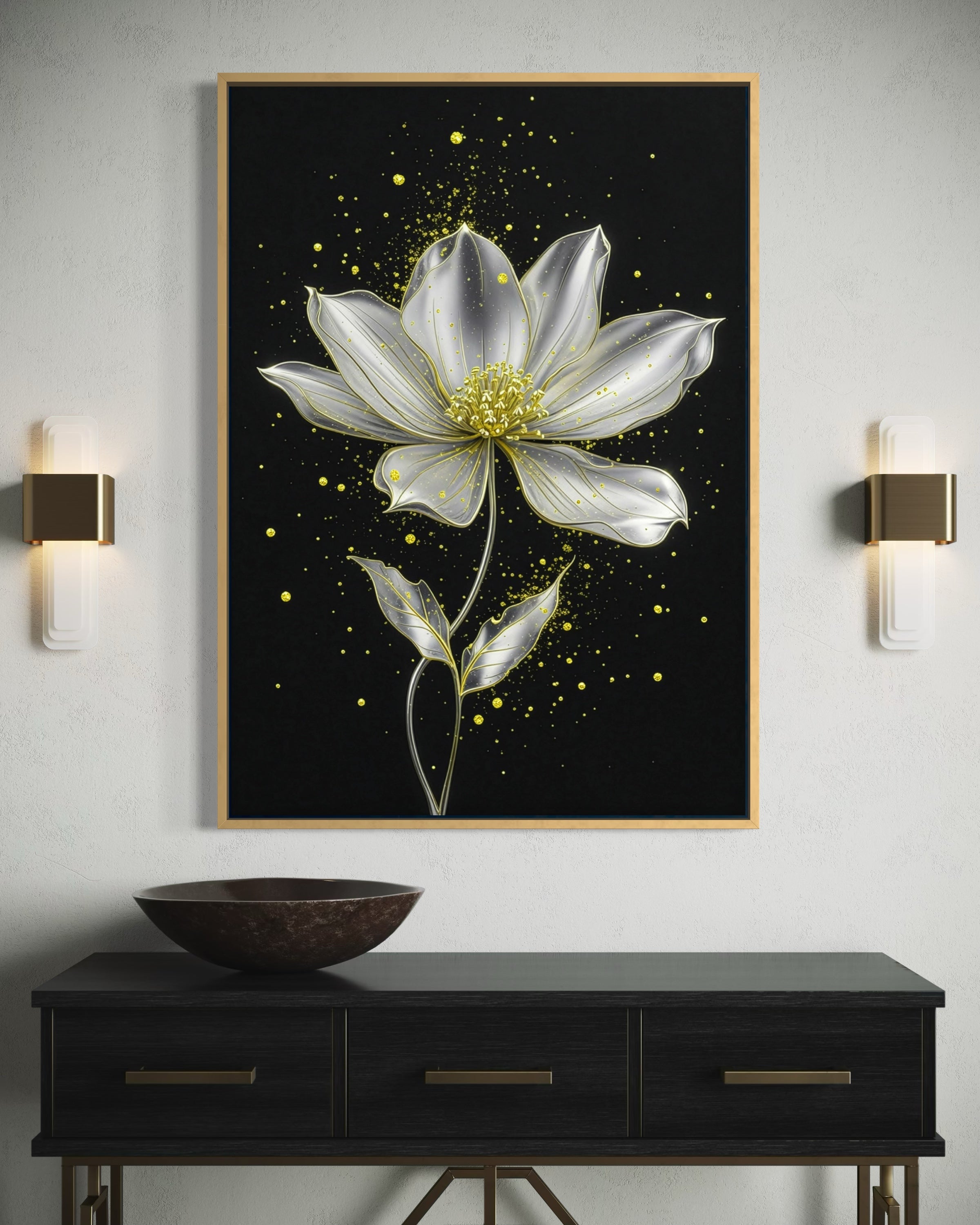 Quadro Magnolia Argento Lunare con fiore bianco, puntini gialli e cornice oro