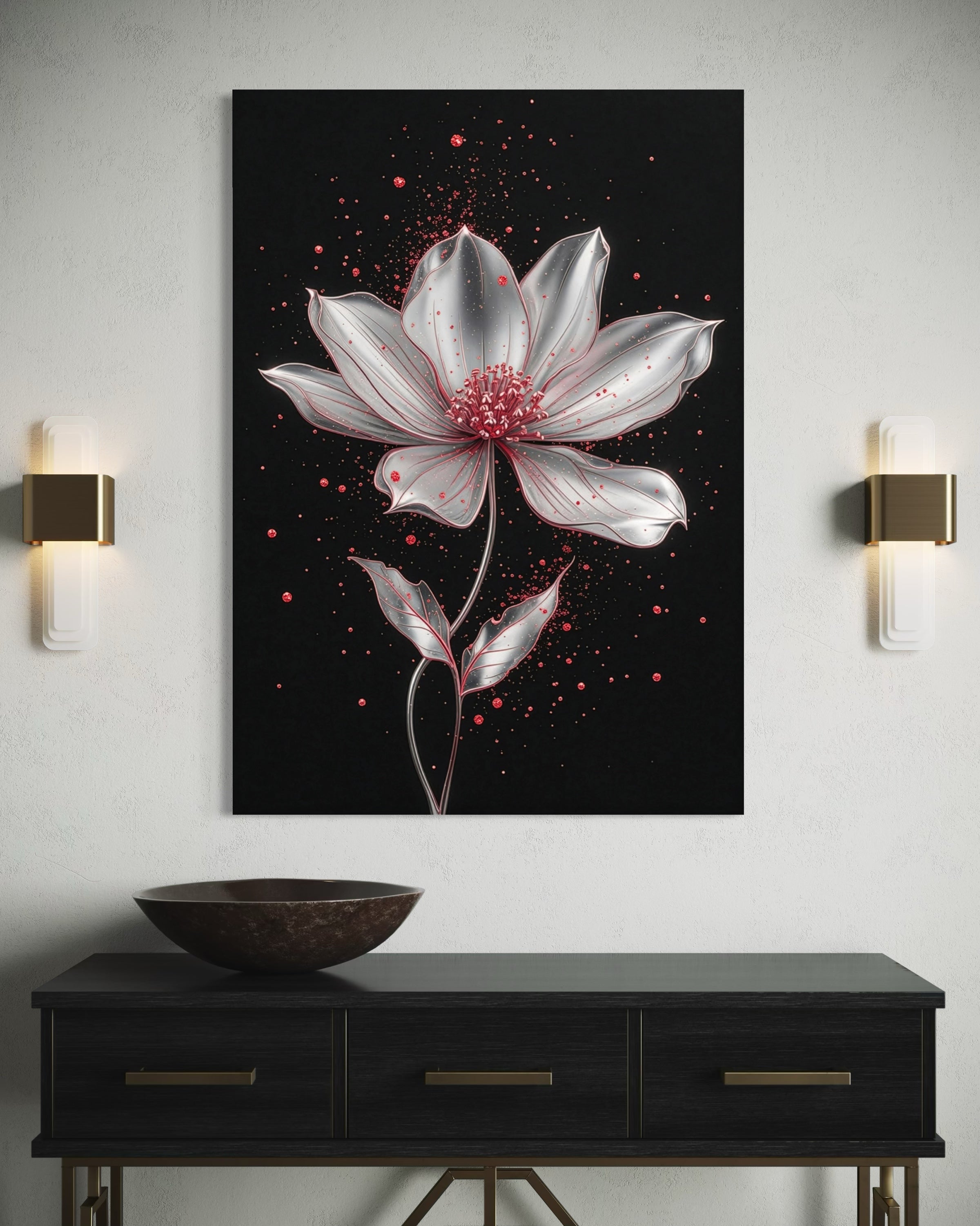 Quadro Magnolia Argento Lunare con fiore bianco, puntini rossi e cornice scura