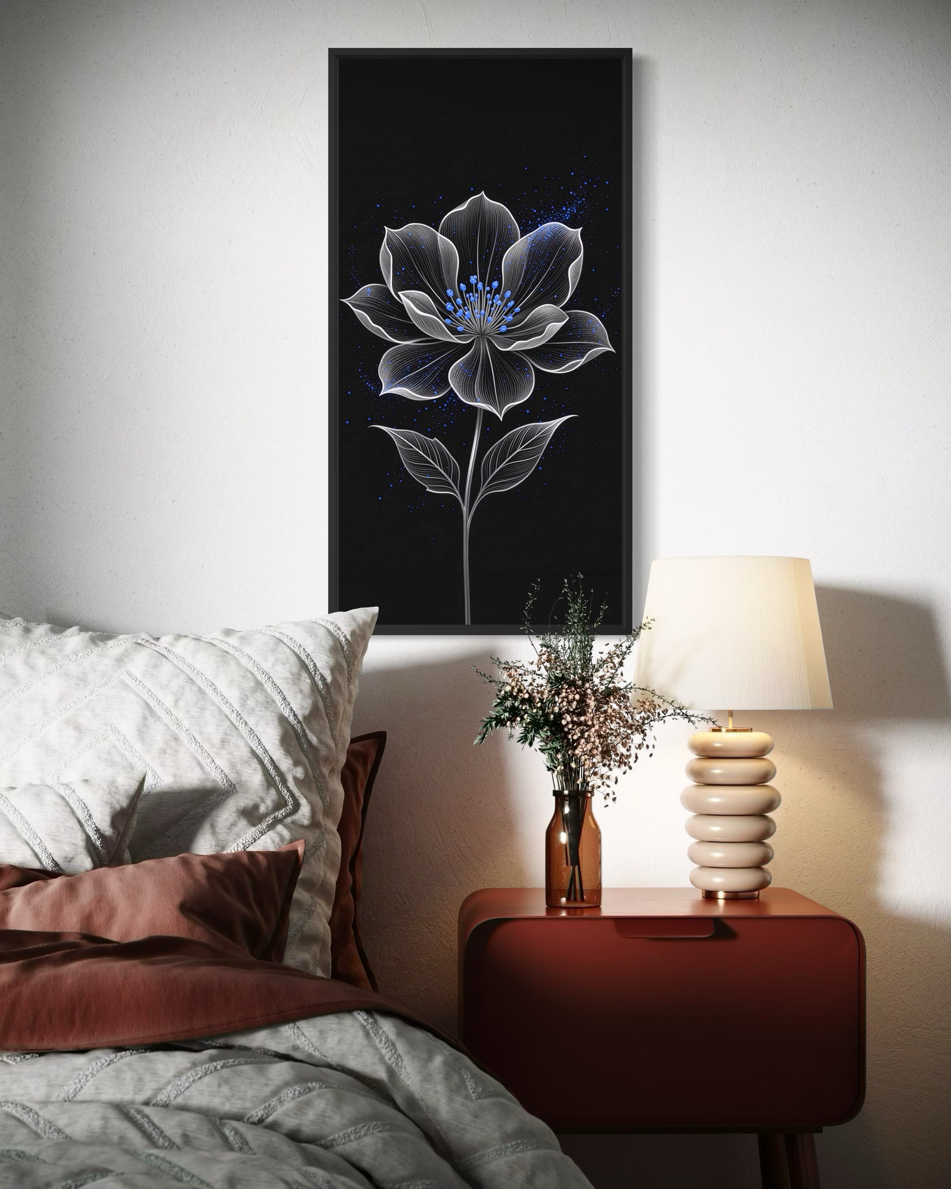 Fiore Notturno con telaio chiaro: fiore bianco e blu su sfondo scuro