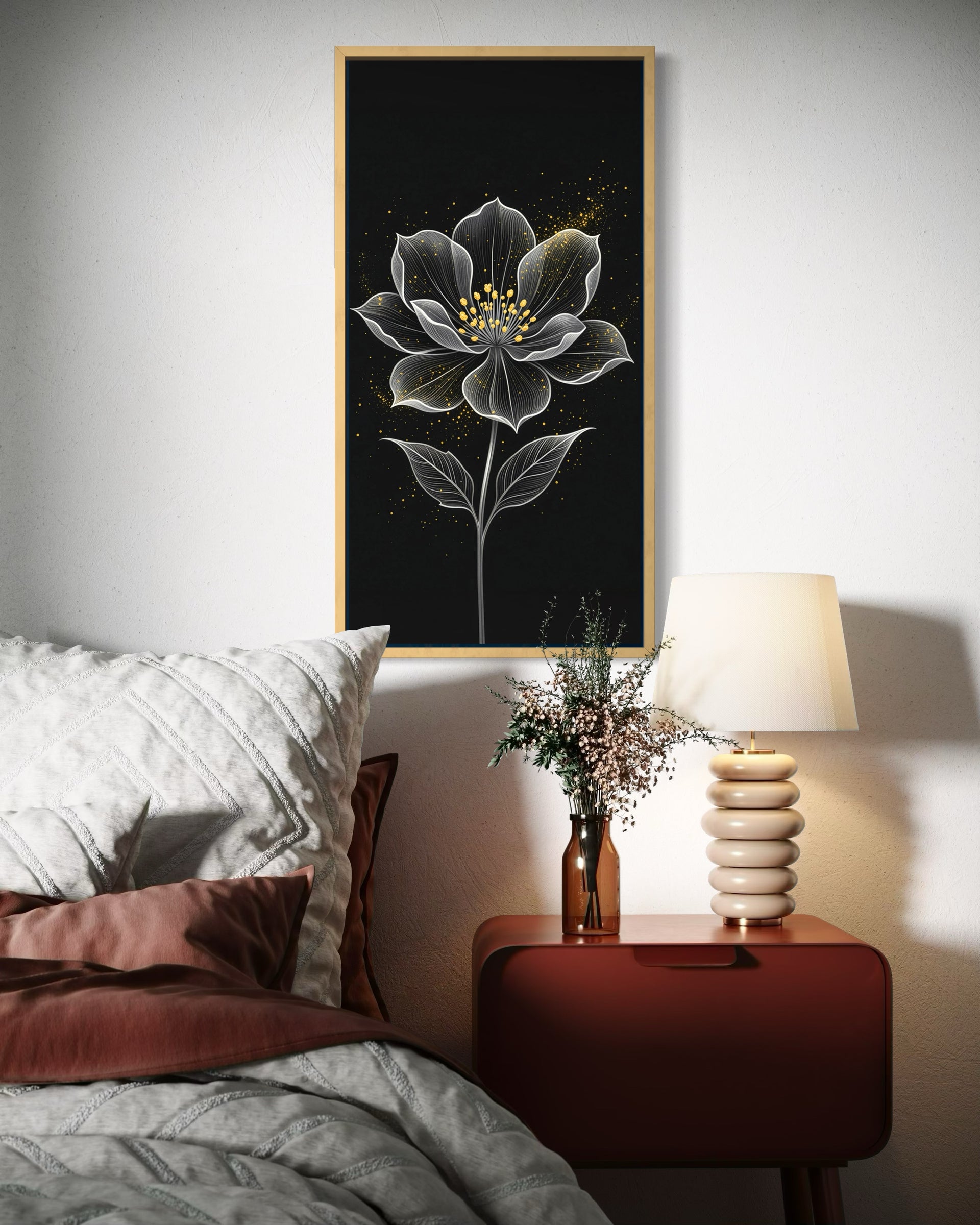 Fiore Notturno con telaio oro: fiore bianco e giallo su sfondo scuro