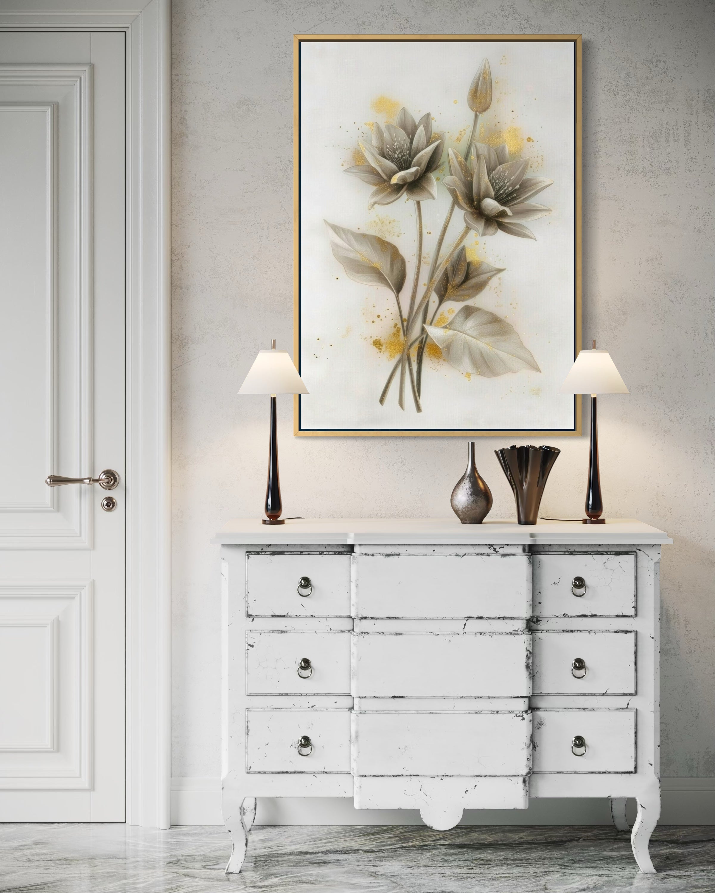 Trio Ninfee Dorate con cornice oro sottile e fiori chiari con tocchi dorati