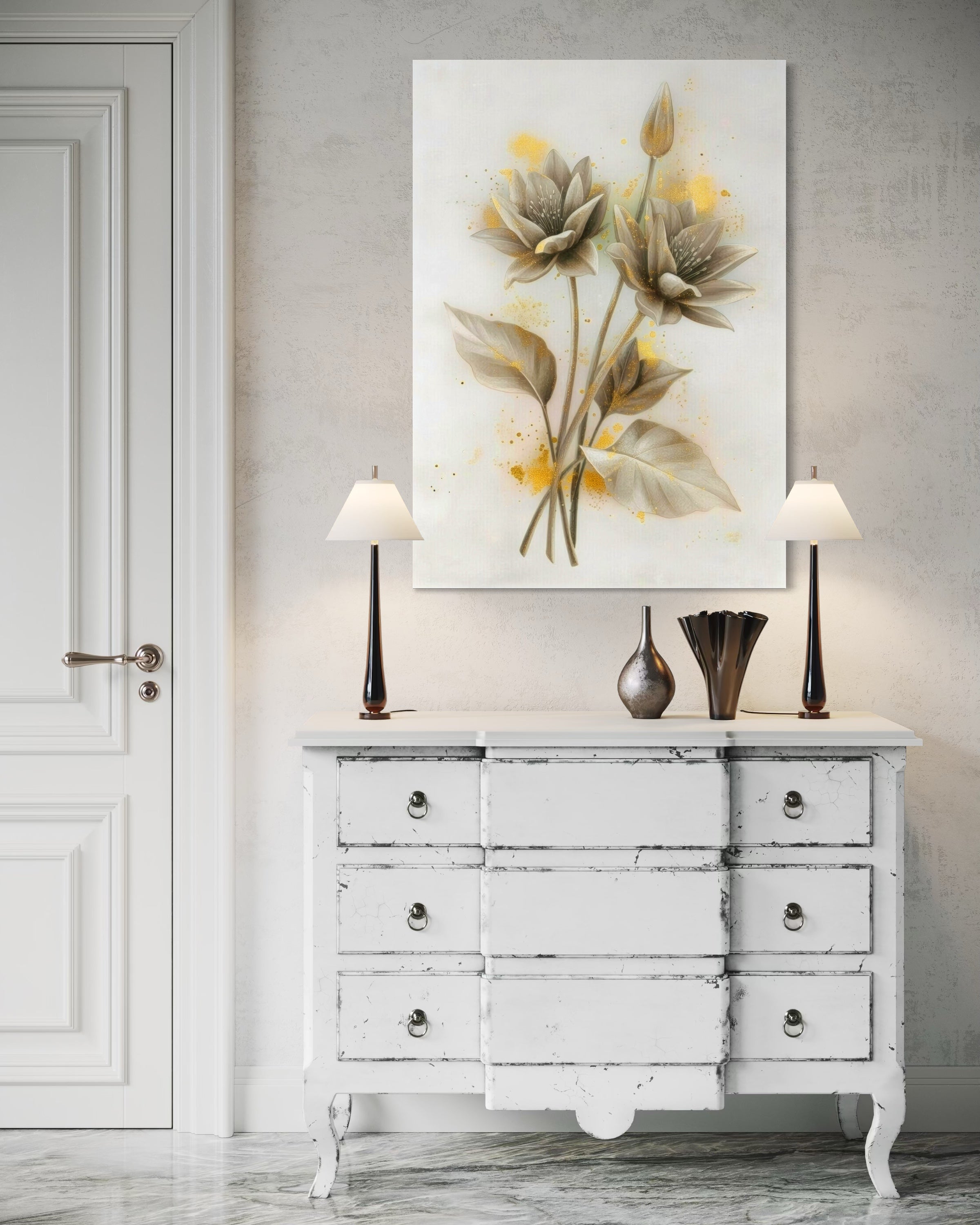 Trio Ninfee Dorate, cornice bianca con ninfee stilizzate e dettagli dorati