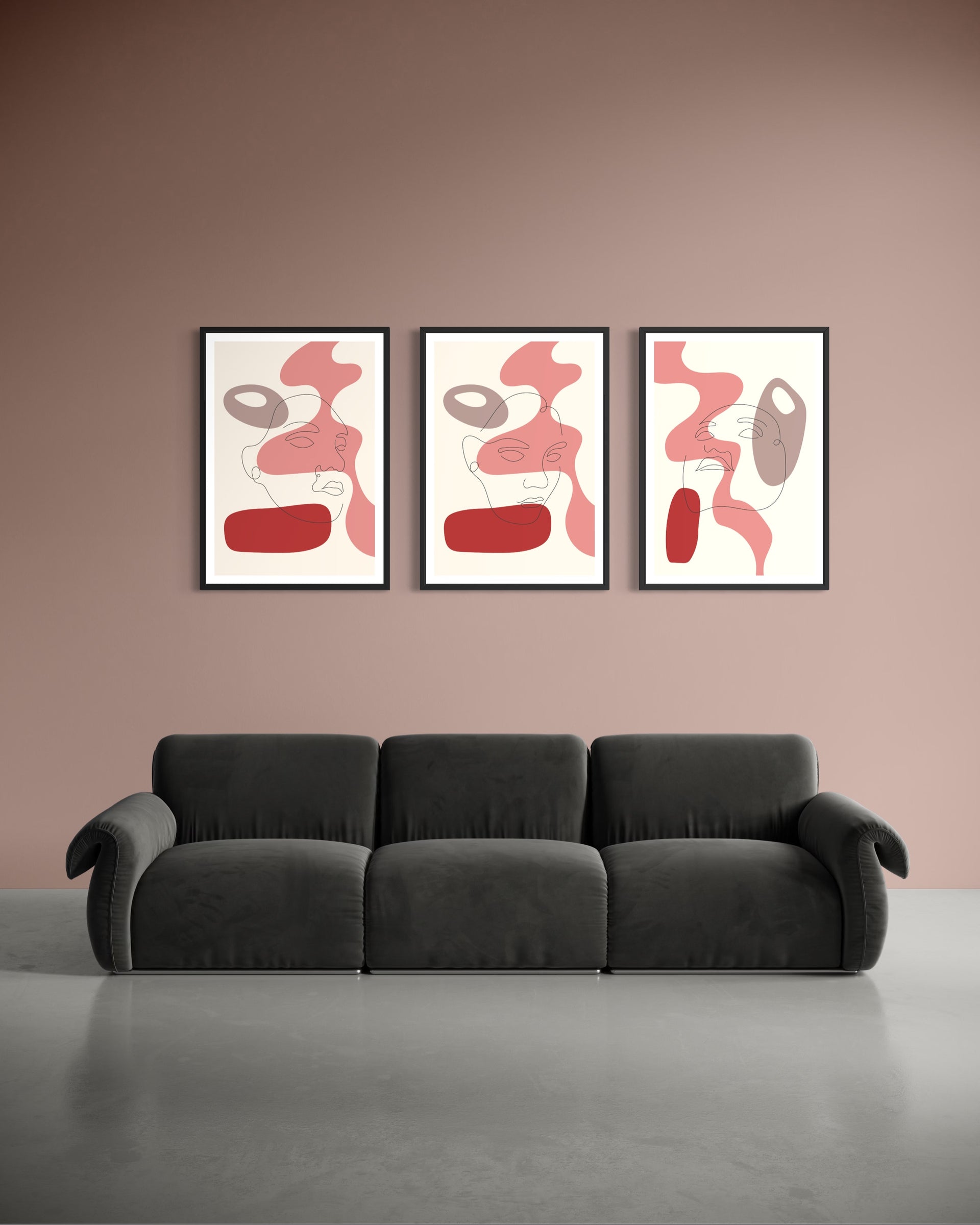 Set triplo di poster con cornice nera, figure astratte rosate e rosse