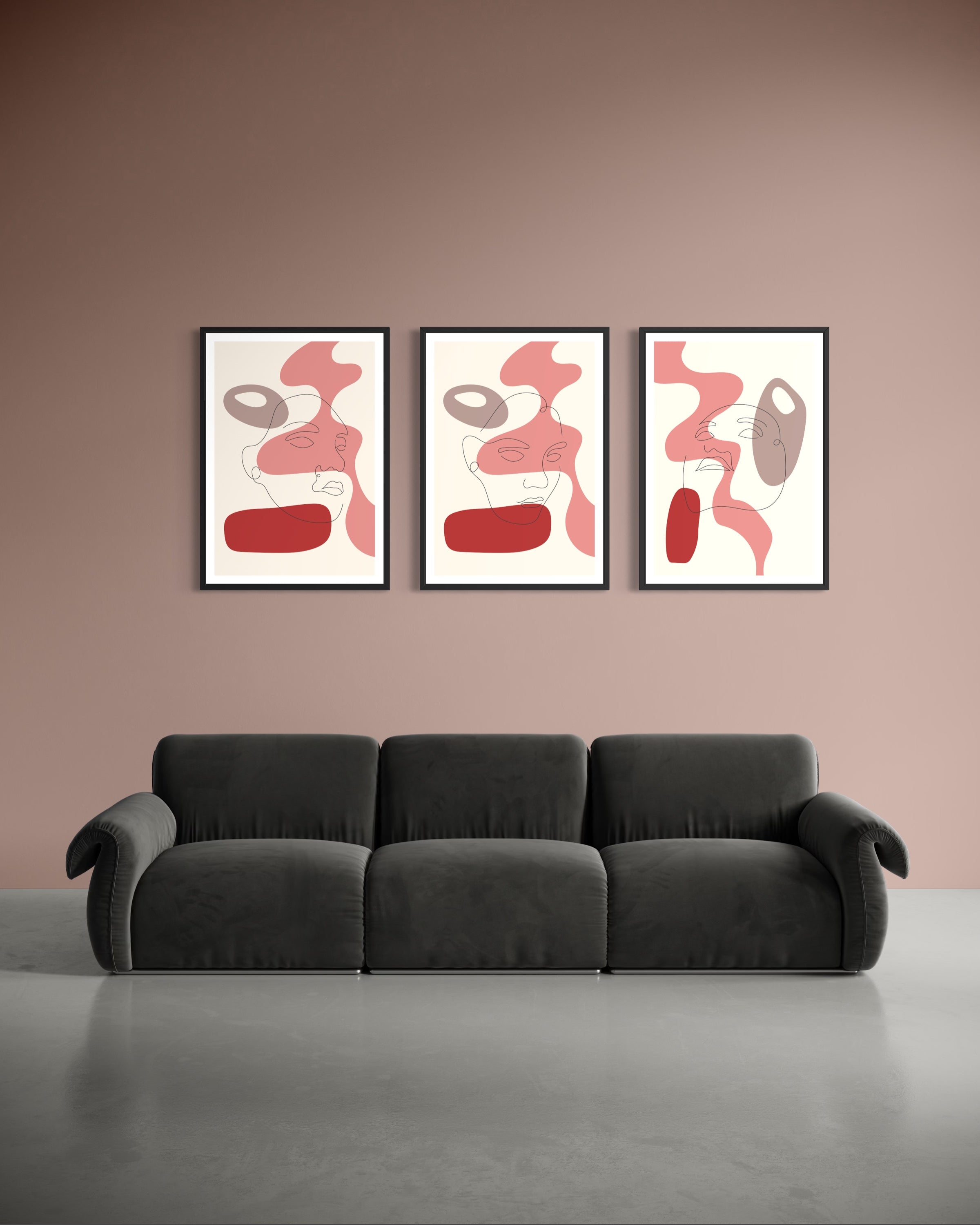 Set di tre poster d’arte con cornici nere e illustrazioni astratte rosa e rosso