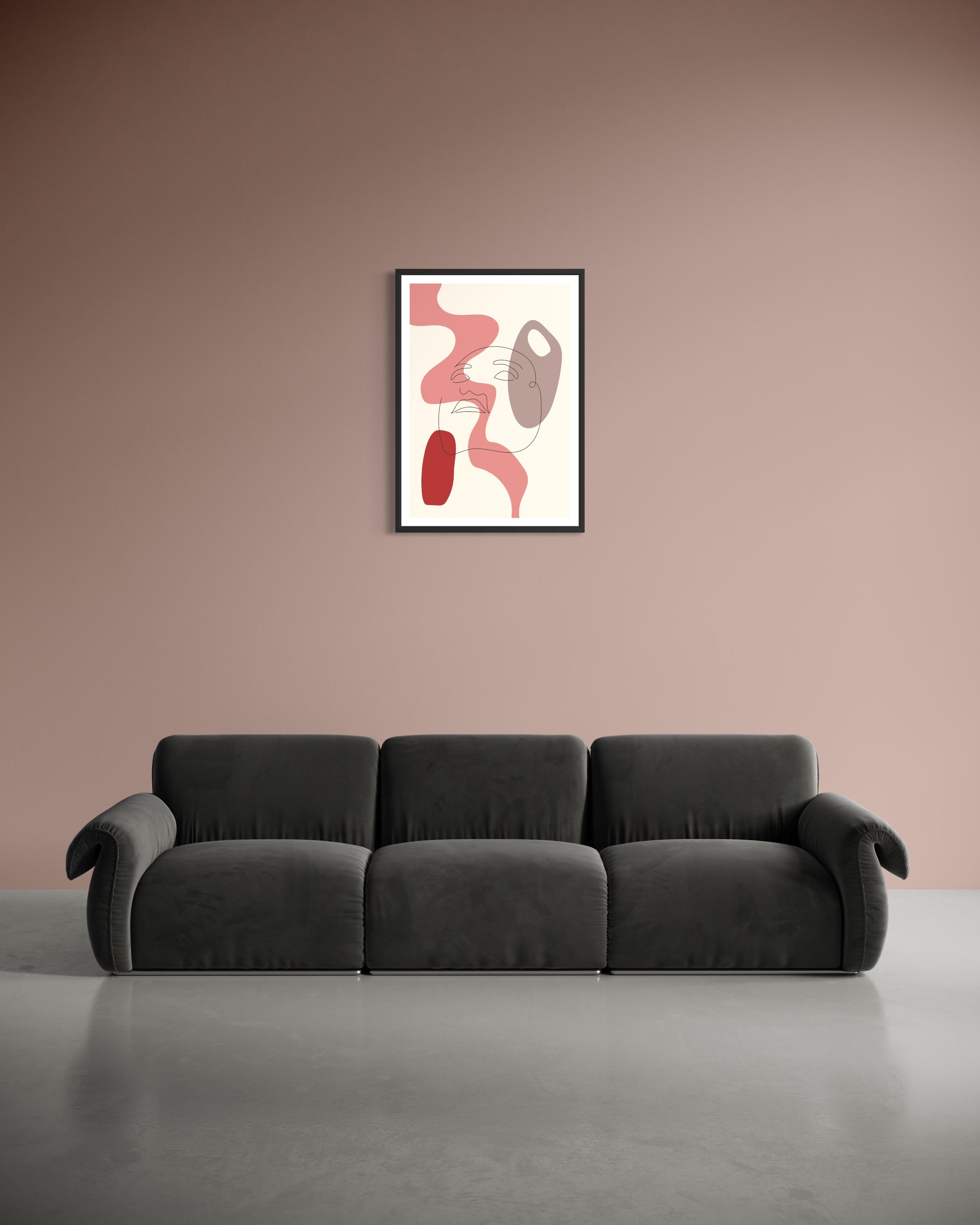Poster d’arte con cornice nera e figure astratte rosate e rosse su fondo chiaro