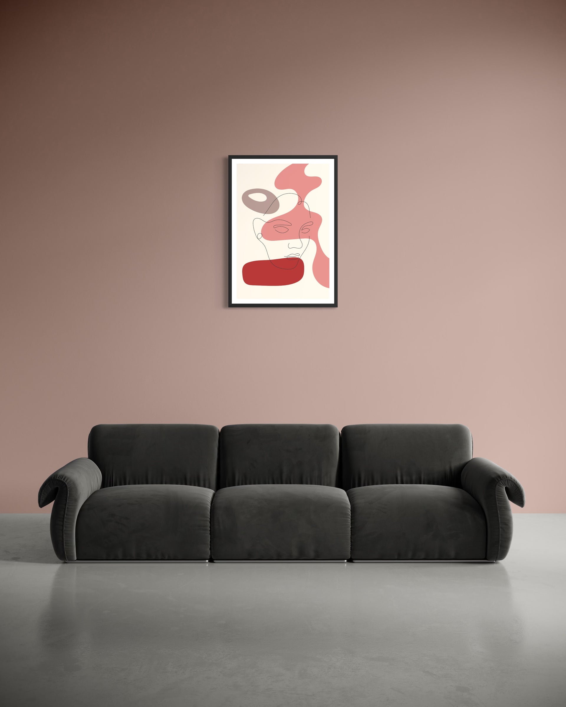 Poster singolo con cornice nera, forme astratte rosate e rosse