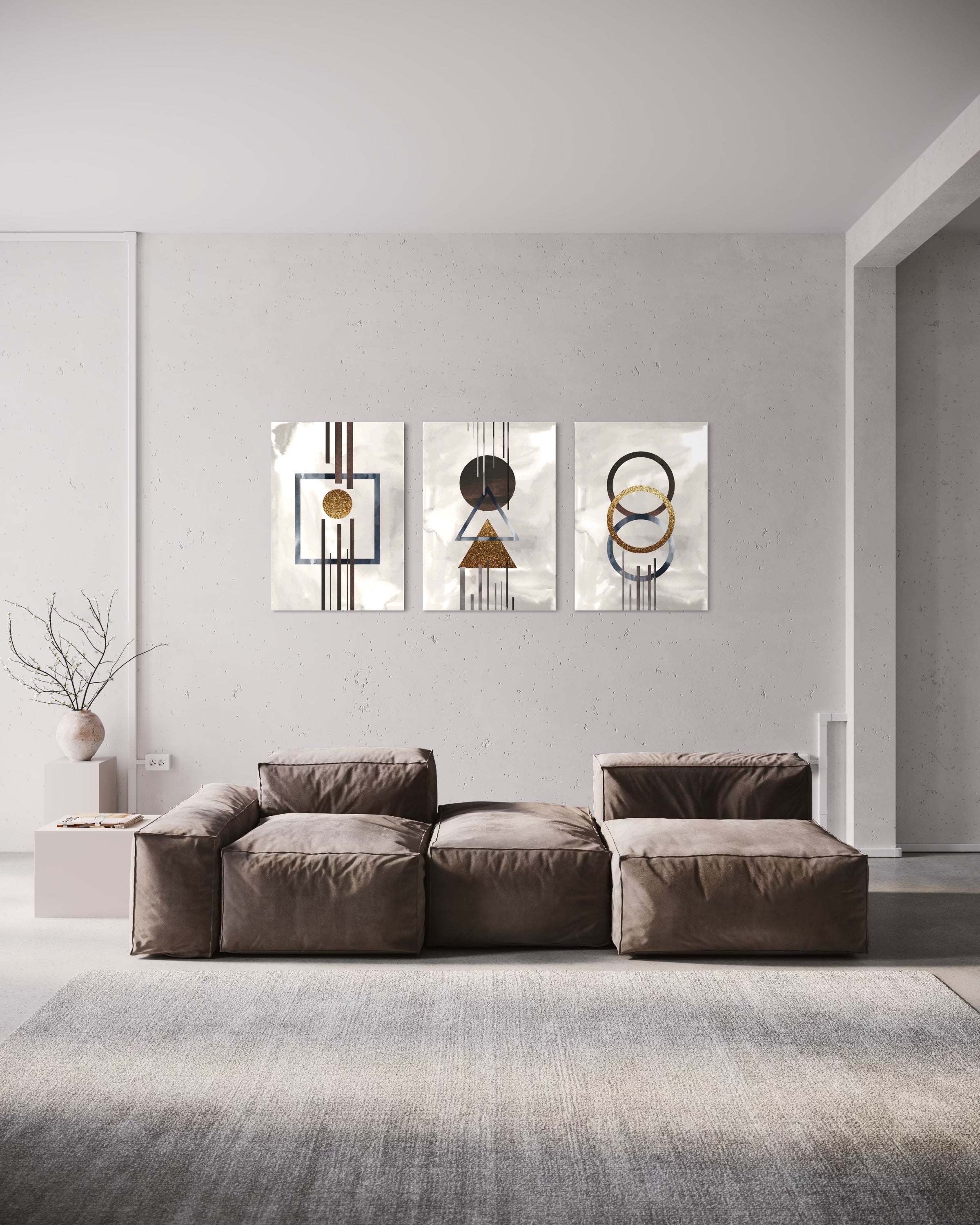Abstract deluxe con 3 quadri astratti in oro, nero e bianco su sfondo chiaro