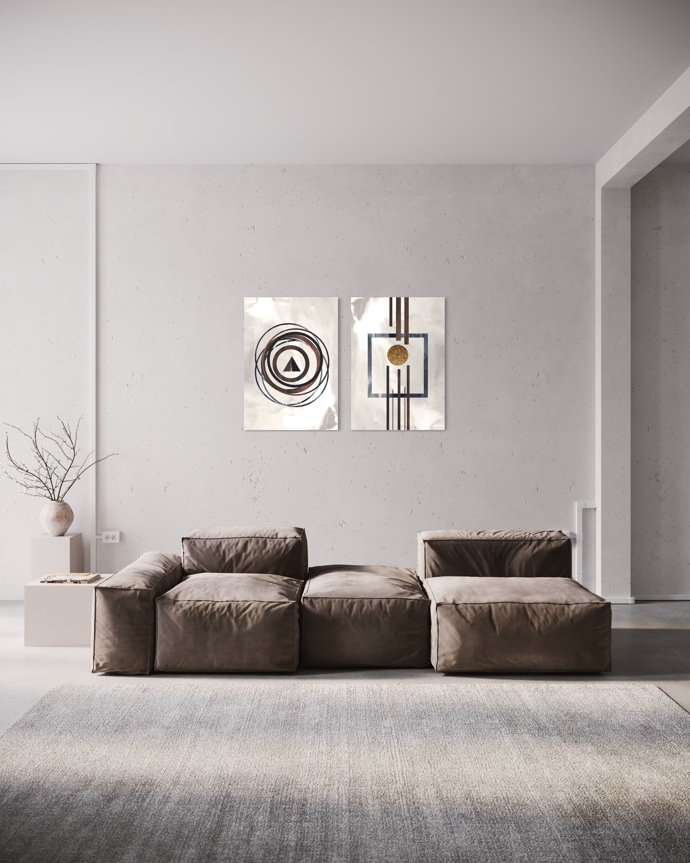 Abstract deluxe con 2 quadri astratti nero, bianco e oro su fondo chiaro