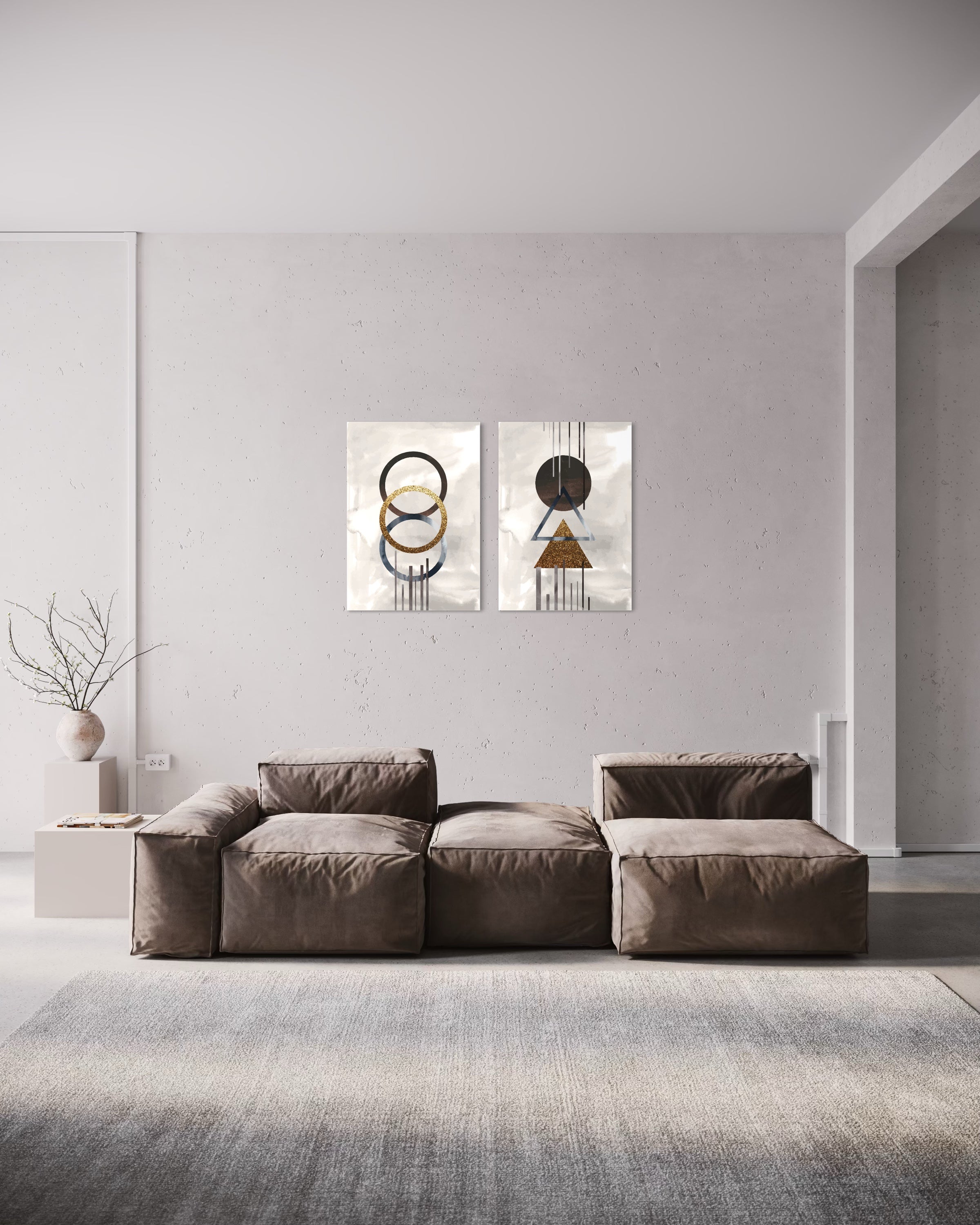 Abstract deluxe con 2 quadri astratti: oro e nero su fondo chiaro