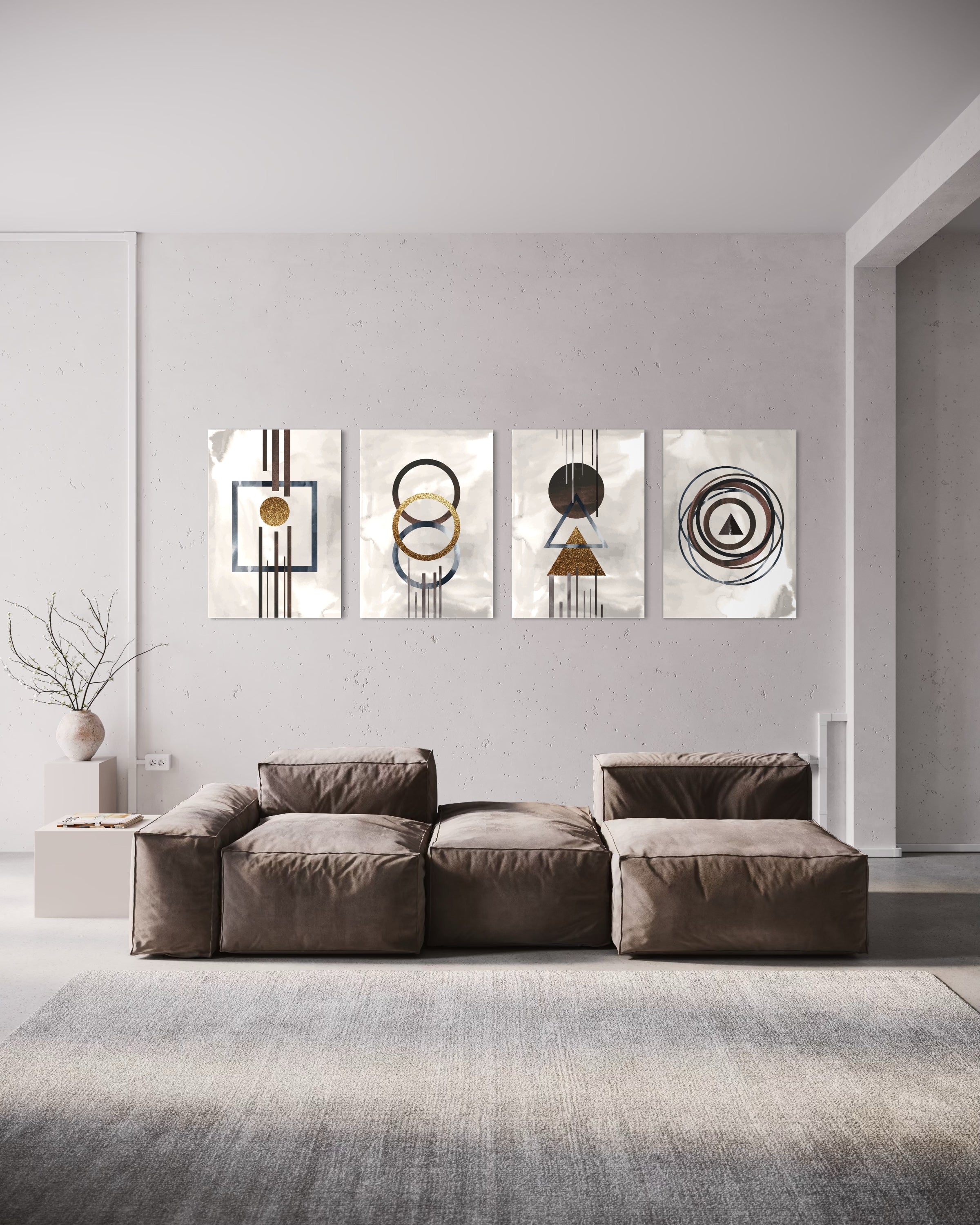 Abstract deluxe con 4 quadri astratti oro e nero su fondo chiaro