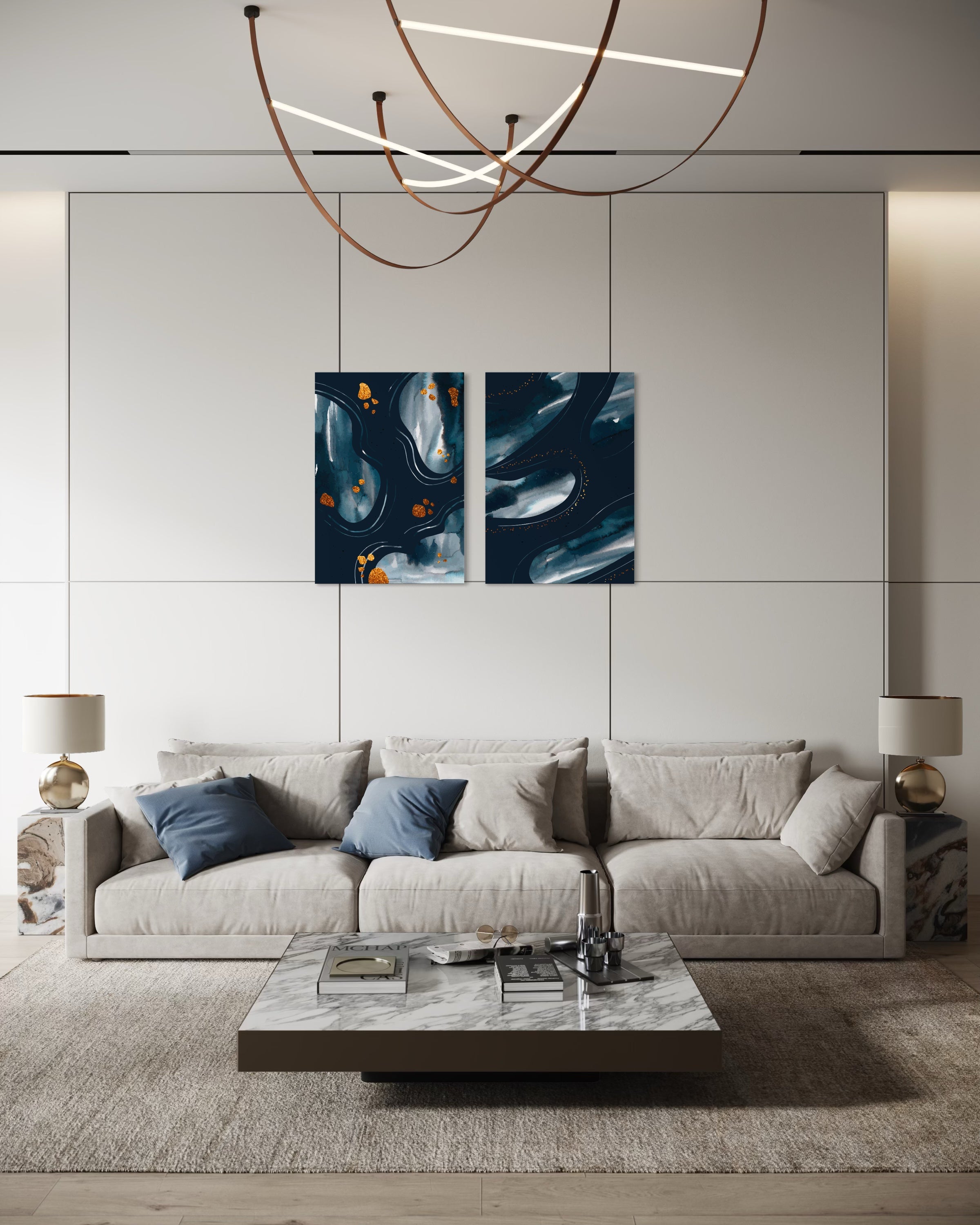 Due quadri astratti in blu scuro, uno con spruzzi arancioni e uno con venature