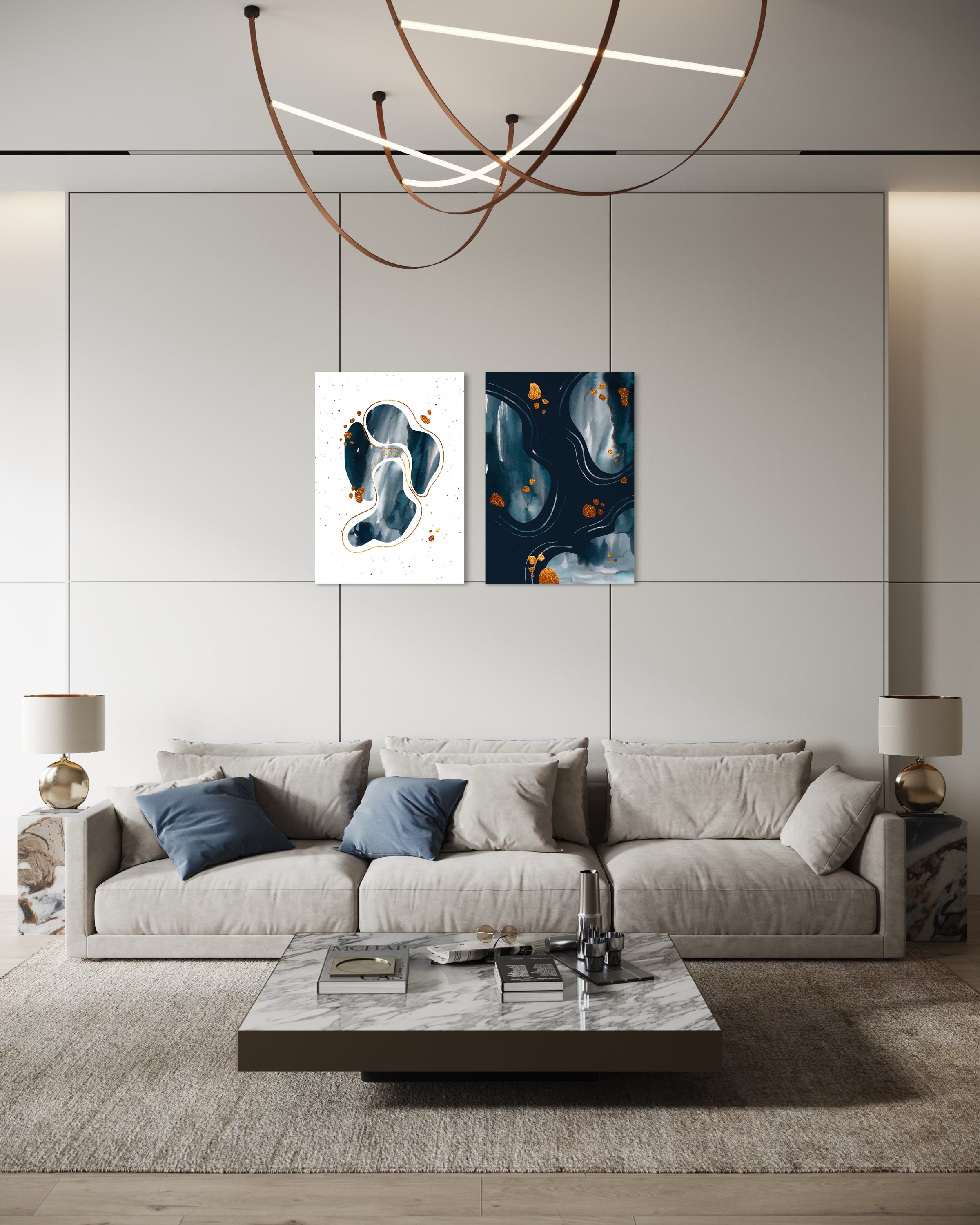 Due quadri astratti, uno bianco con dettagli blu e uno blu scuro con spruzzi arancioni