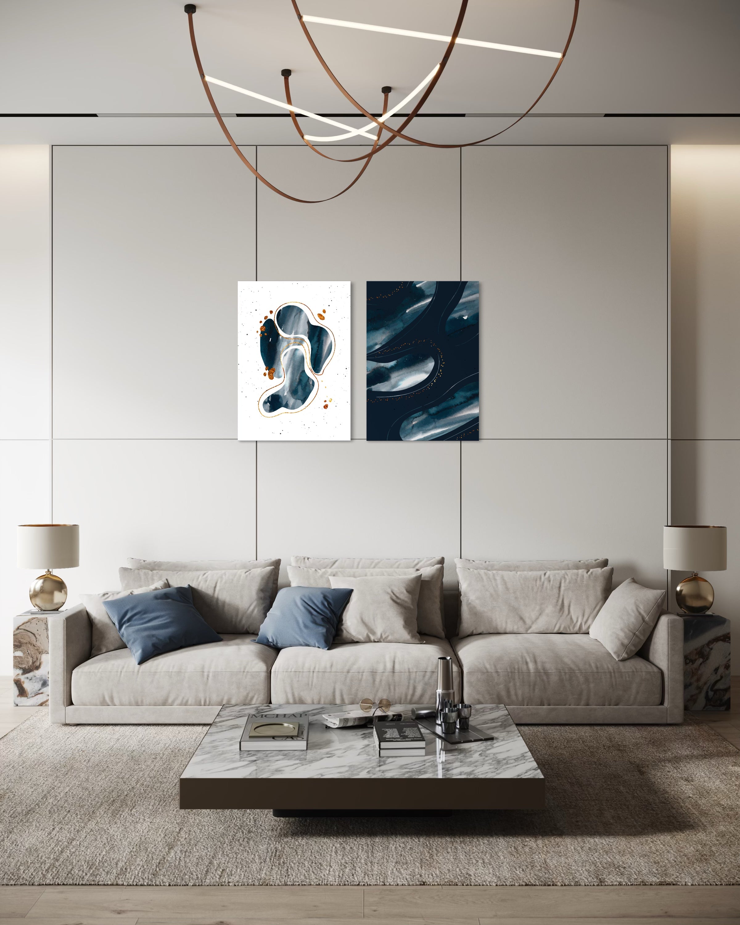 Due quadri astratti, blu e bianco, con piccole gocce arancioni