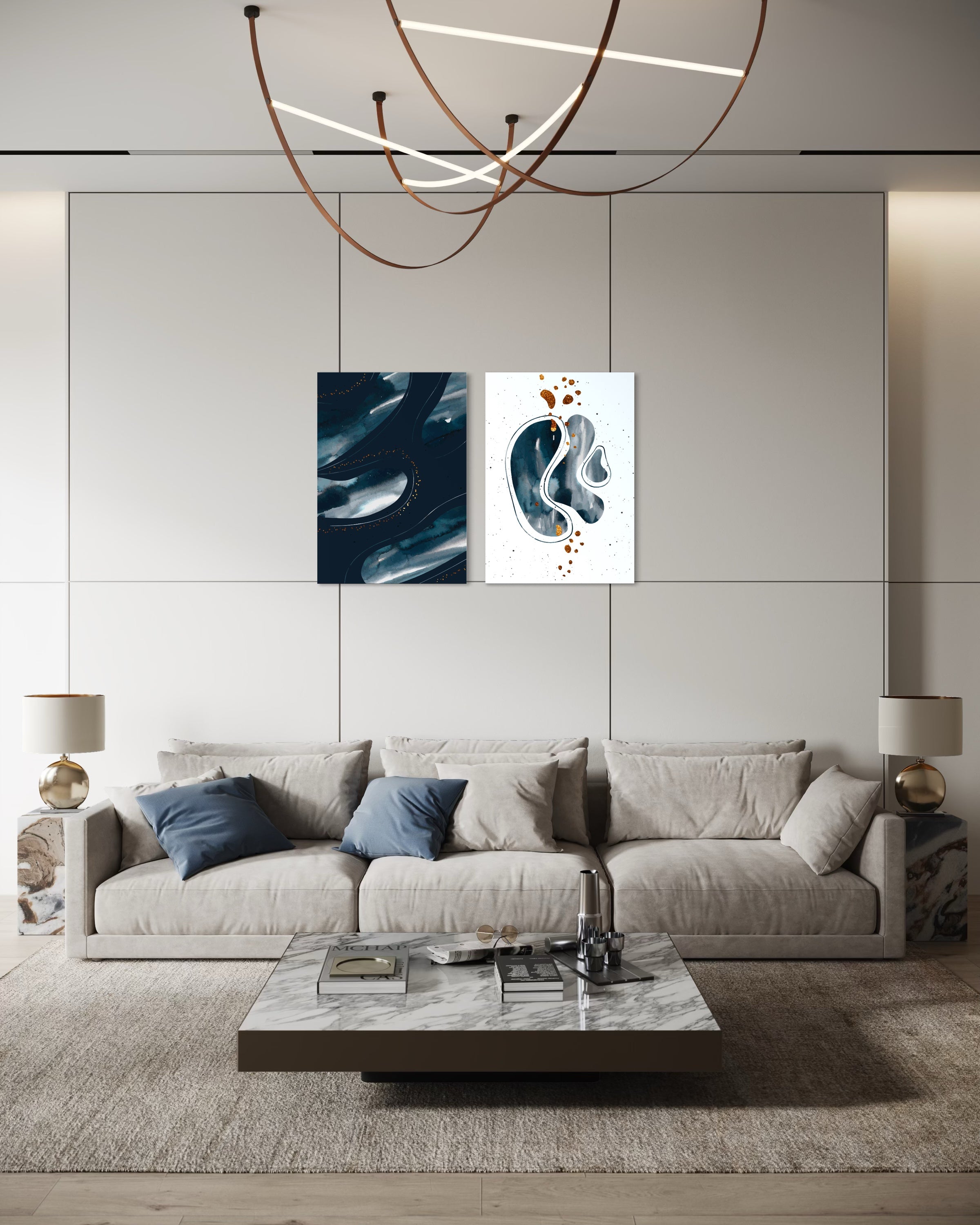 Due quadri astratti: pannello blu con venature e pannello bianco con dettagli blu