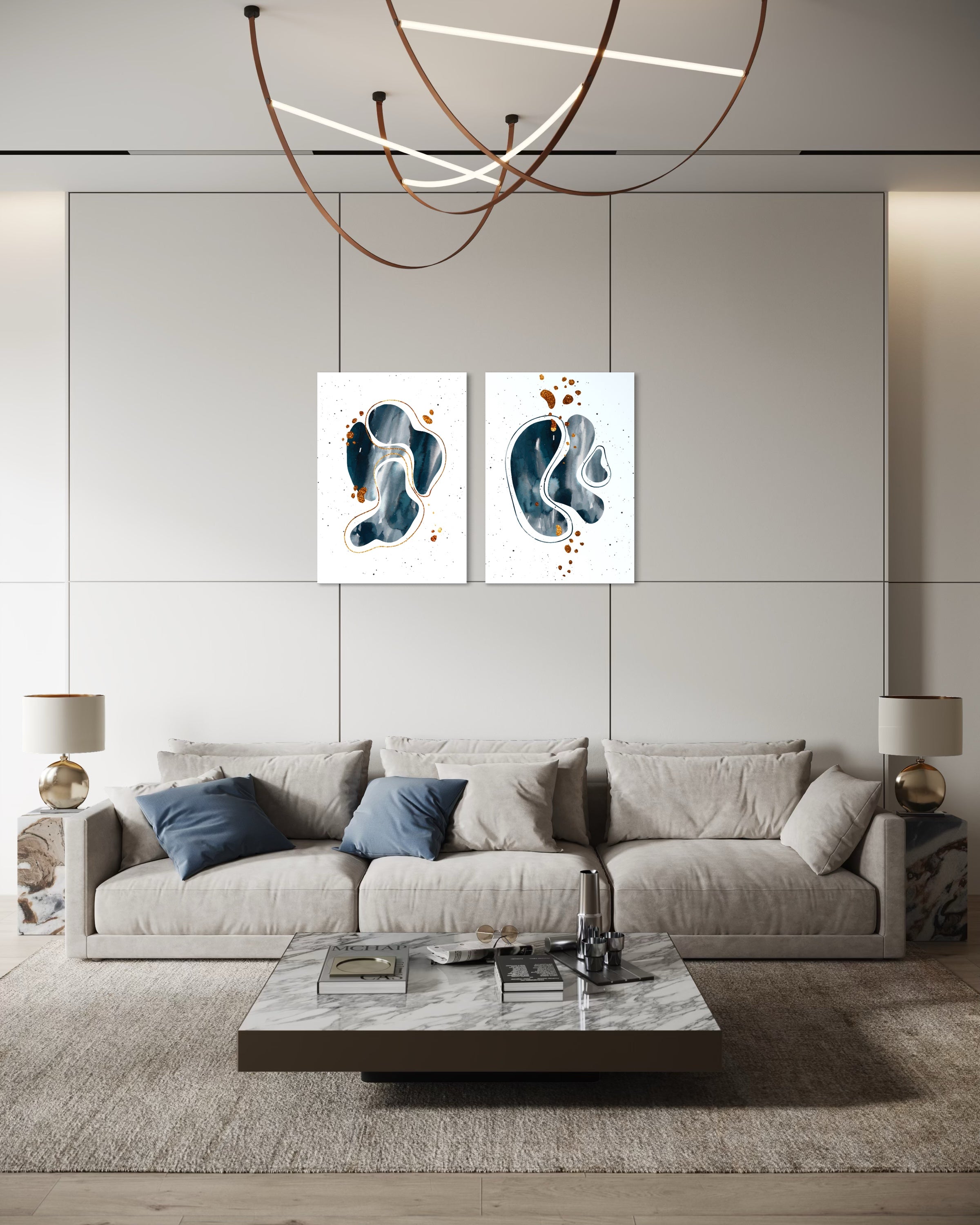 Due quadri astratti con forme a goccia: uno bianco e uno blu scuro con spruzzi
