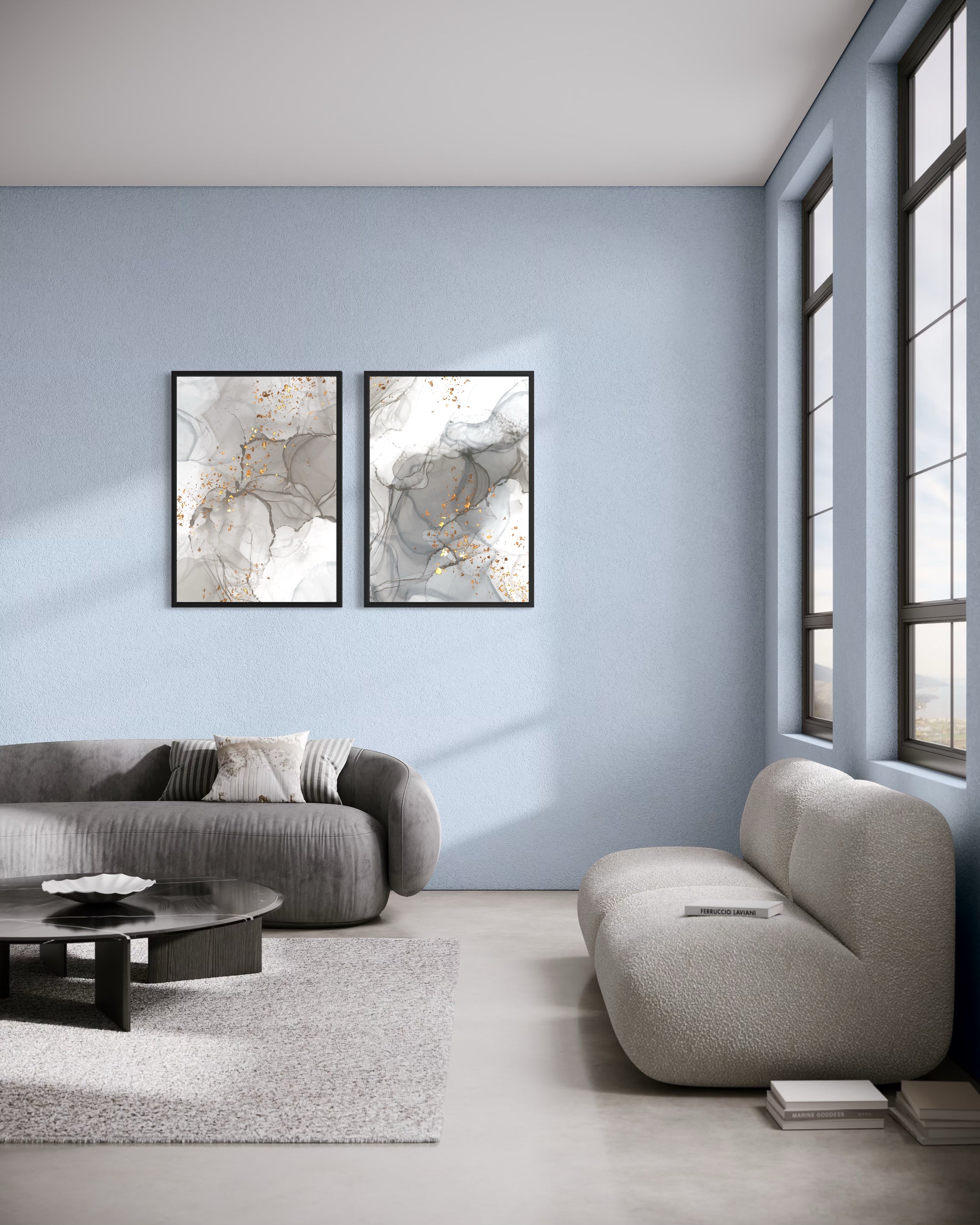 Abstract dust: due stampe astratte bianche e grigie con venature e puntini dorati, cornici nere