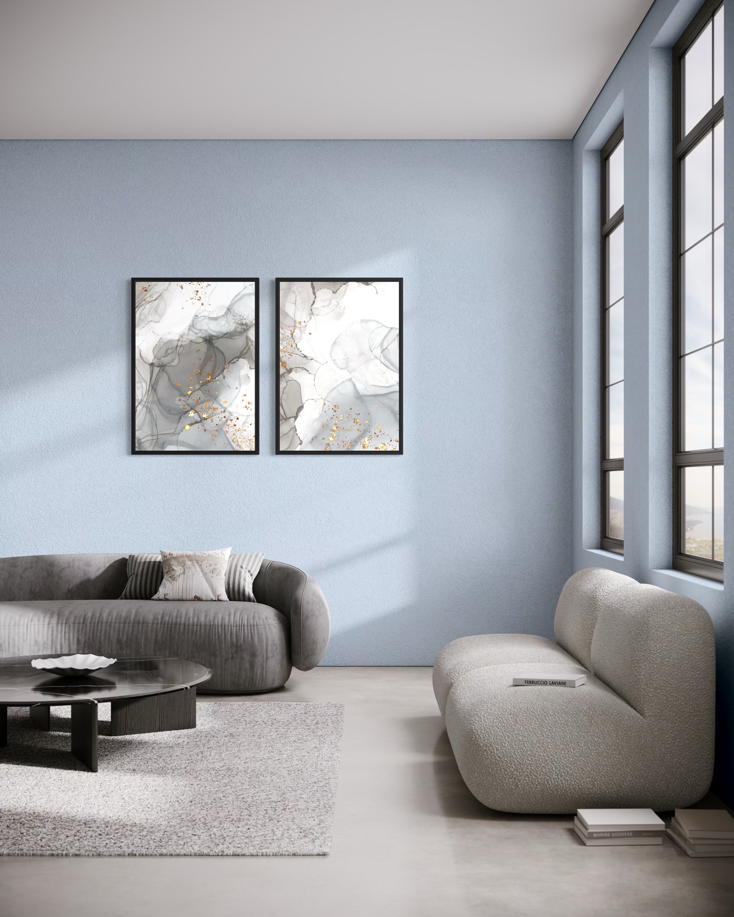 Abstract dust: coppia di stampe astratte bianco e grigio con piccoli dettagli dorati, cornici nere