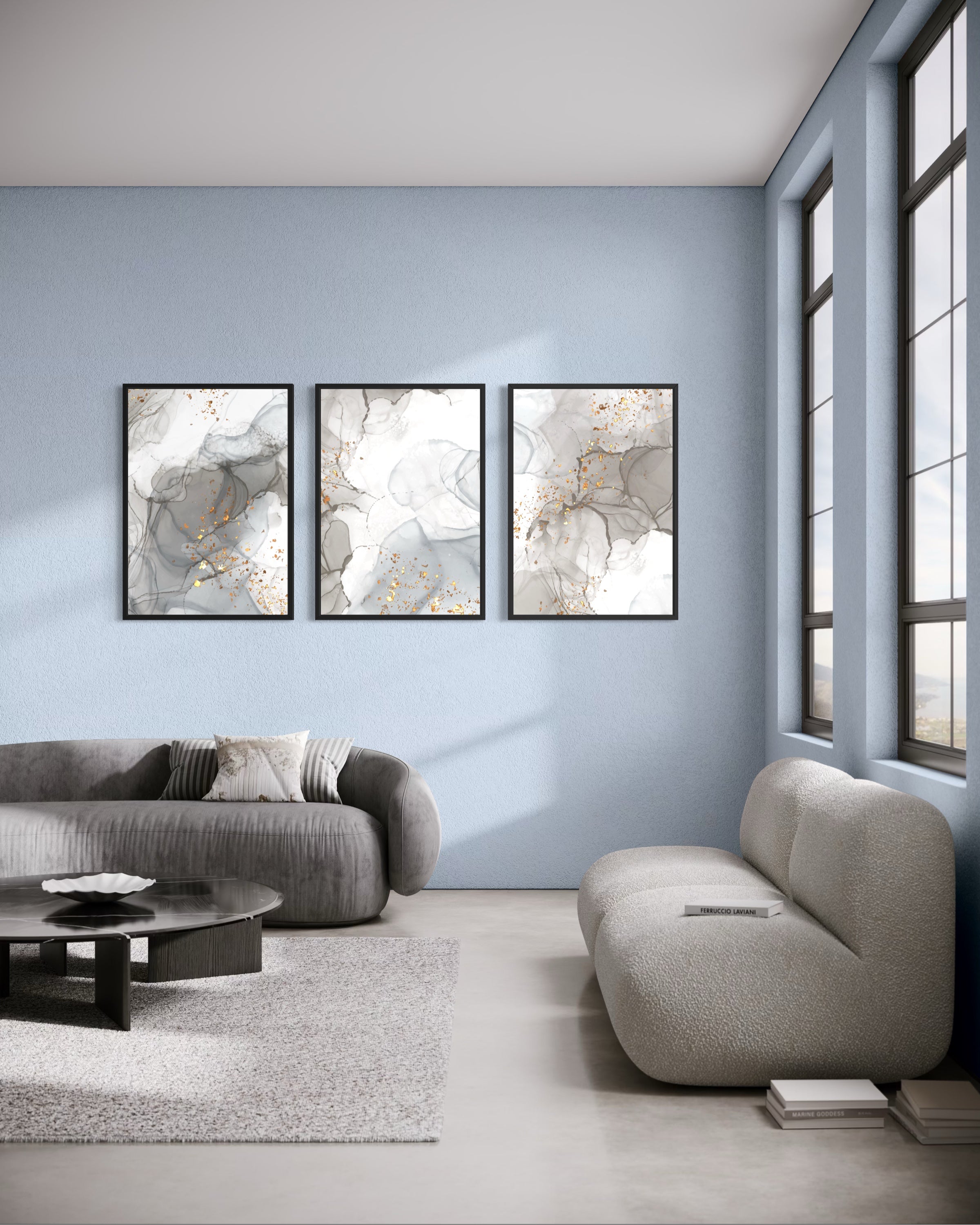 Abstract dust: set da tre stampe astratte in bianco, grigio e tocchi dorati, cornici nere