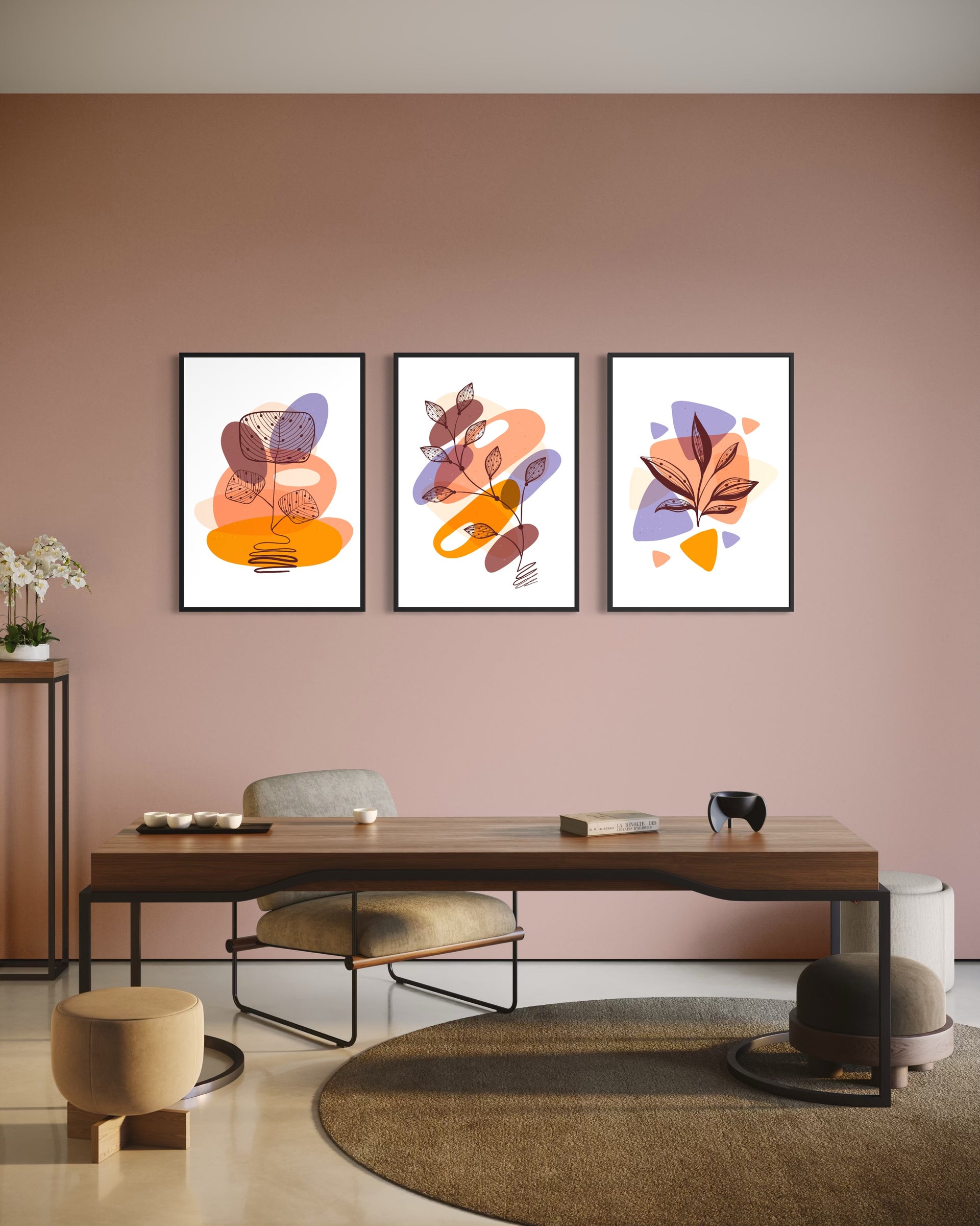 boho wall art pack con 3 stampe astratte in cornici nere