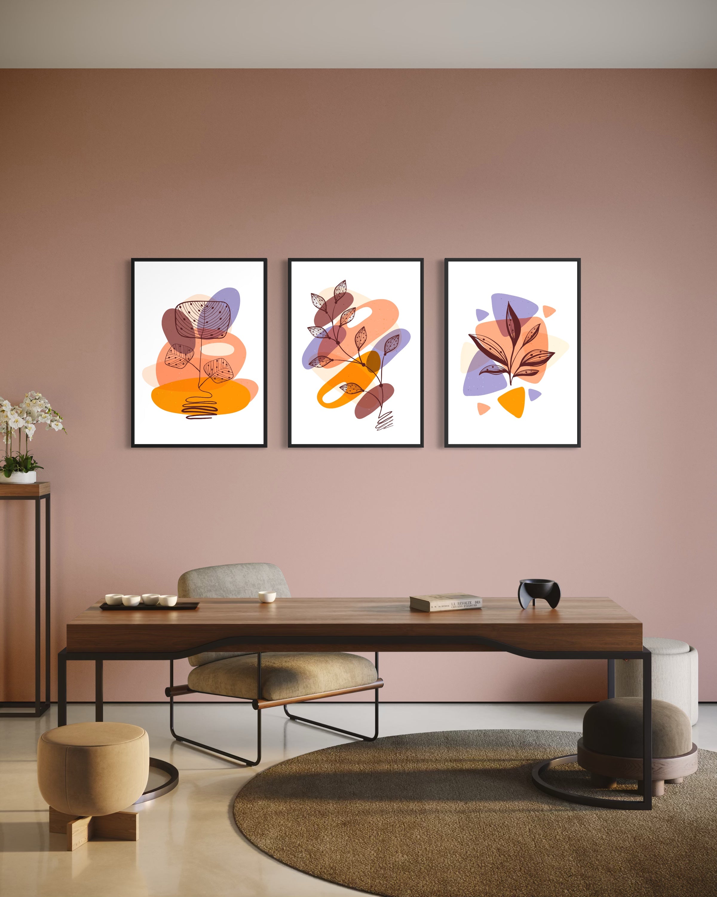 Set di 3 stampe murali boho con fiori e farfalle astratti in cornici bianche