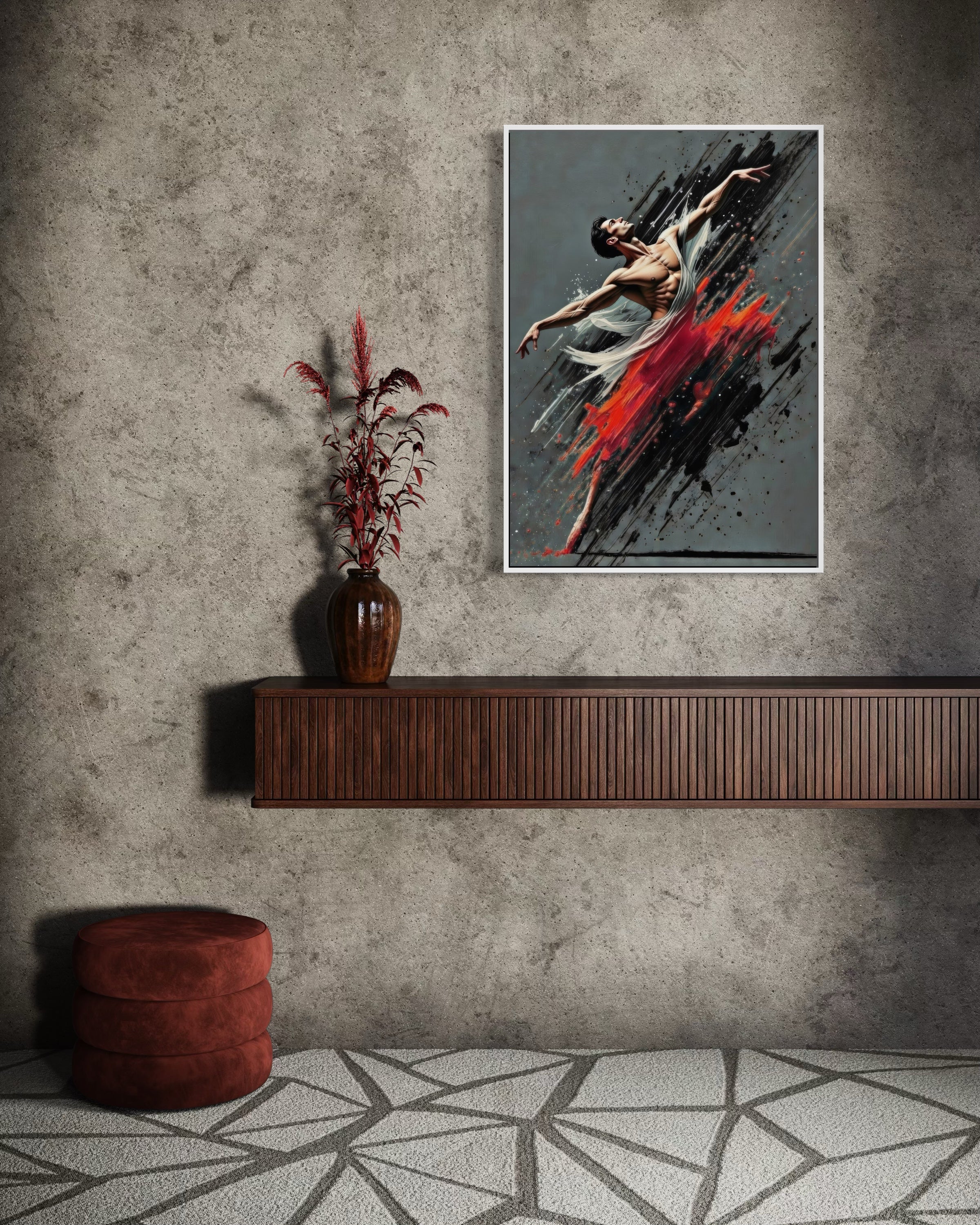 Stampa incorniciata con danzatrice: braccia tese, sfondo grigio scuro, pennellate rosse, cornice nera.