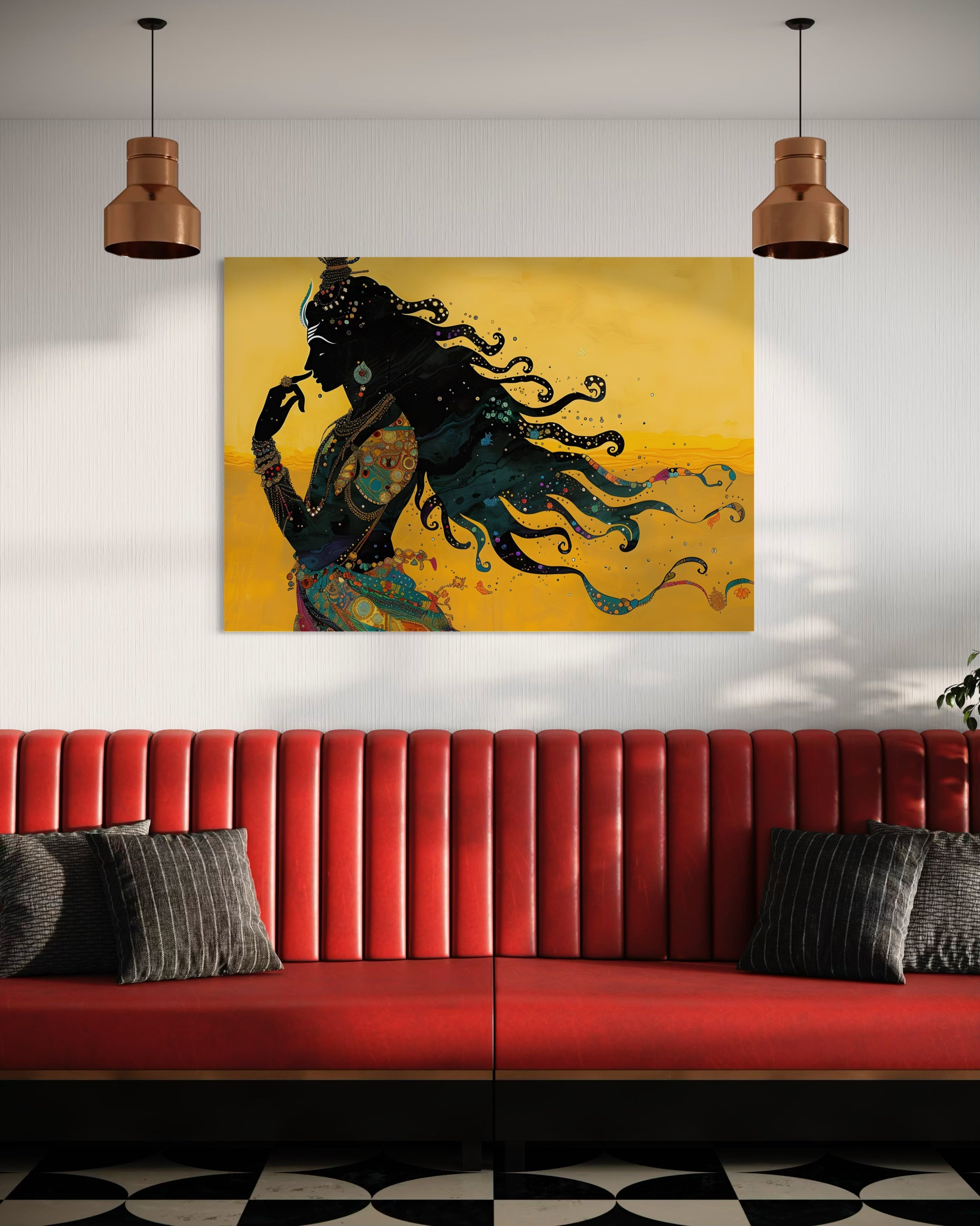 Dea, quadro con cornice Oro: figura nera con capelli ondulati su sfondo giallo