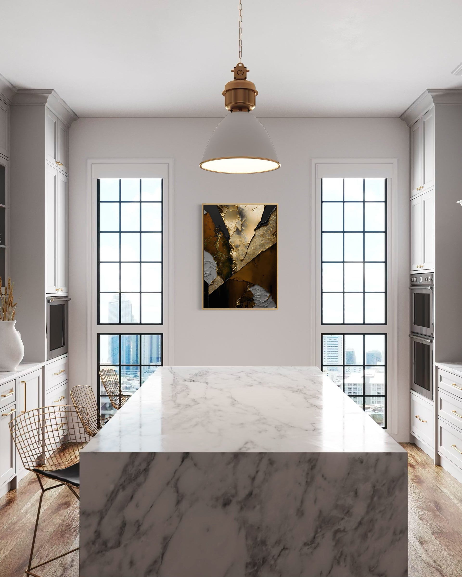 Quadro astratto con dettagli oro e beige, cornice nera